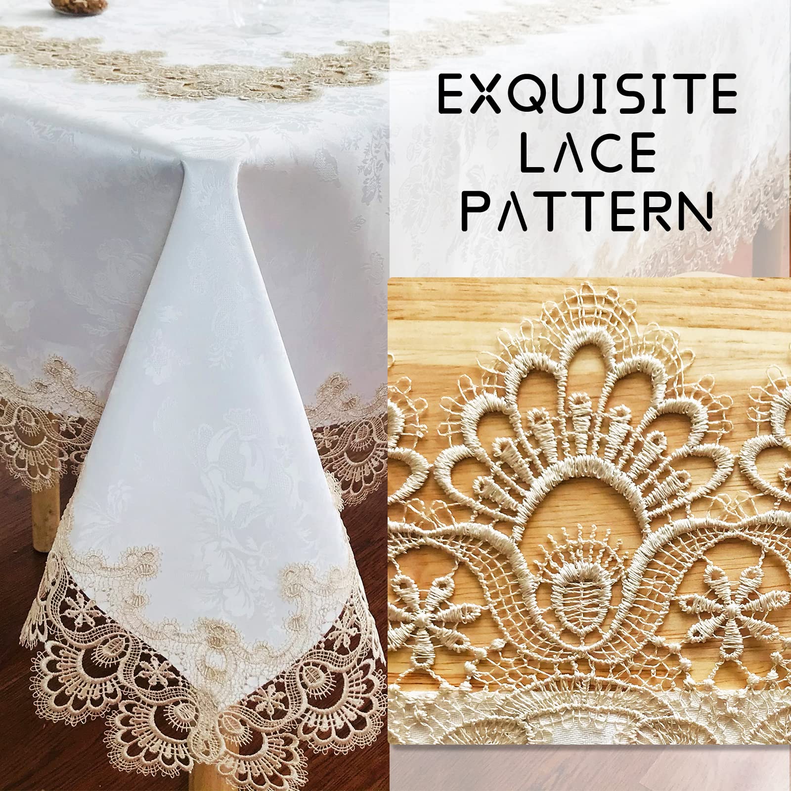 Beige Lace Tablecloth 72x126 Inches - Washable Rectangle Dining Table Cover for Home, Holiday Parties, Christmas, Thanksgiving, Weddings & Banquets | Elegant Kitchen Decor & Perfect for Formal Dinners, Buffets and Special Occasions