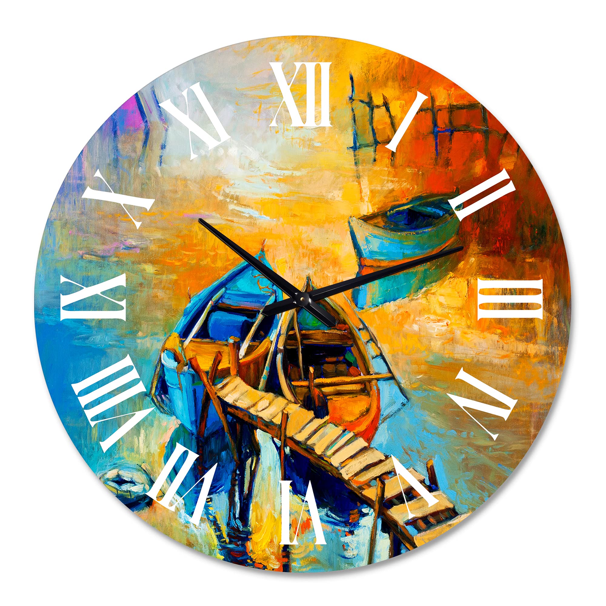 DesignQ Nautical Coastal Wall Clock - Boat at Sunset Lake Scene, Orange Round Clock for Home & Office Decor - Perfect for Living Room, Bedroom, or Beach House