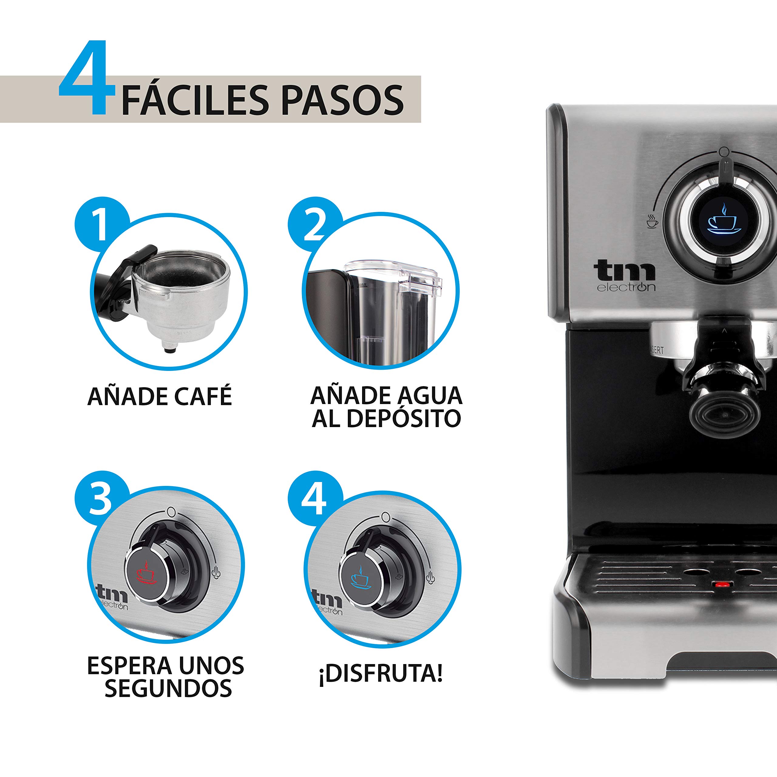 TM Electron TMPCF101 Manual Espresso Coffee Maker with 15 Bar Pressure, 1200W, 1.2L Water Tank, Milk Frother, 3 Functions, Stainless Steel - Perfect for Home, Office & Cafe Use