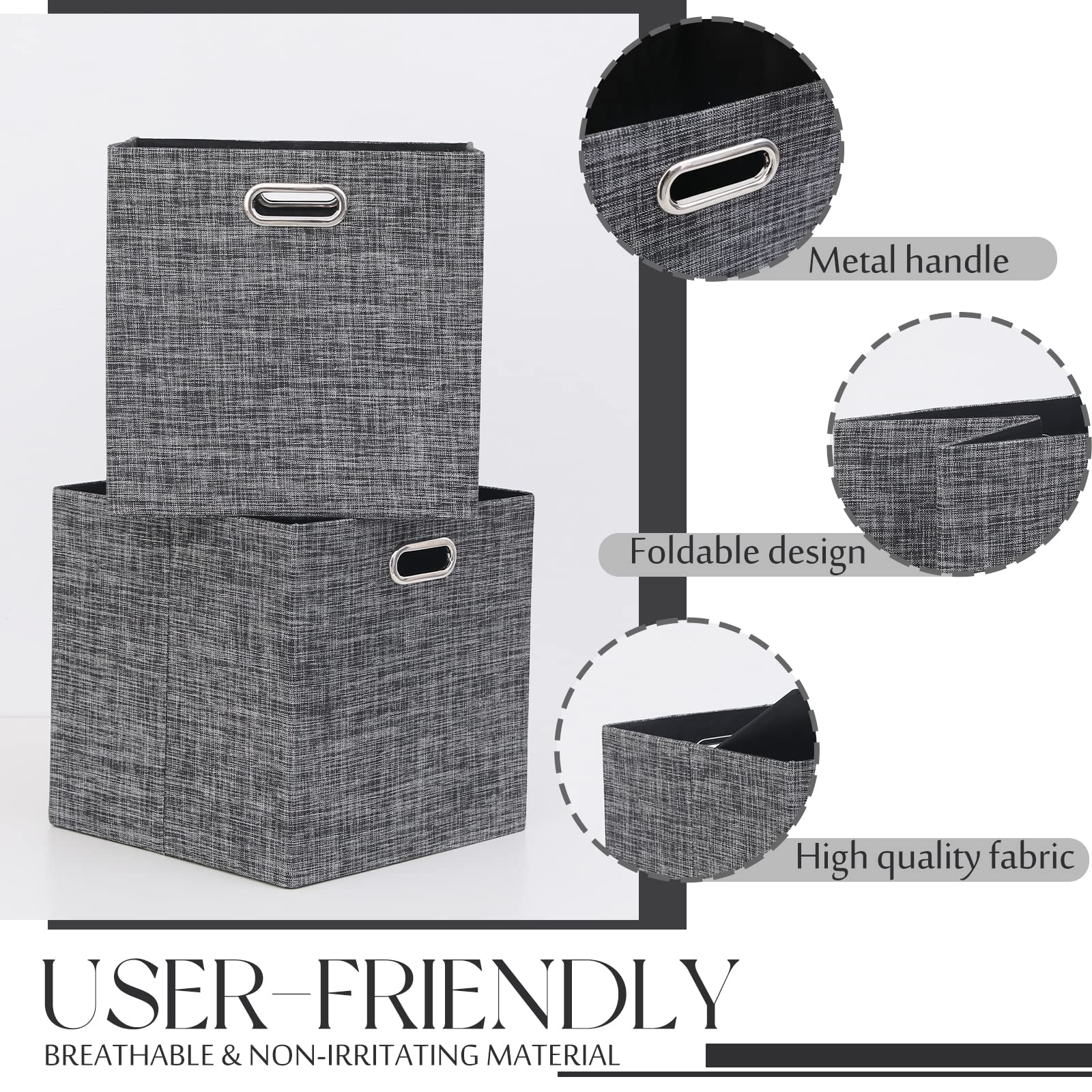 13×13 Inch Foldable Cube Storage Bins with Handles - Set of 4 Large Capacity Linen Organizer Baskets for Closet, Shelf, Cabinet & Bookcase | Collapsible Fabric Drawers for Bedroom Organization | Perfect for Toys, Books & Home Decor (Black)