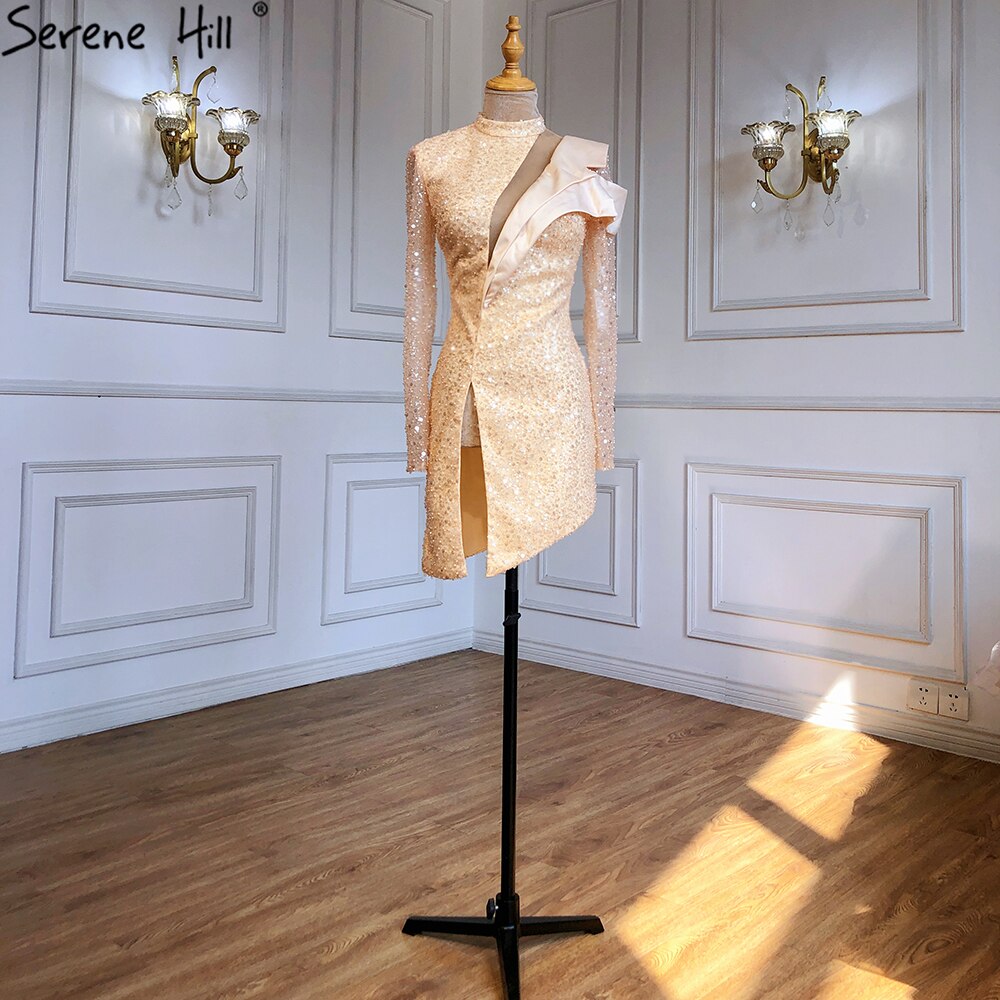 Serene Hill Gold Asymmetrical Cocktail Dress 2025 - Beaded Pearl Embellished Sexy Evening Gown for Women | Perfect for Cocktail Parties, Prom Nights & Formal Events