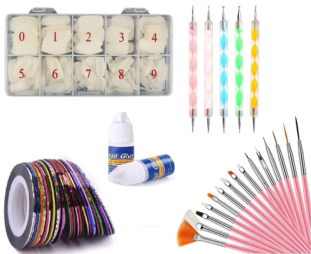KIRA 500 Nails Kit with 15 Nail Art Brushes, 10 Nail Striping Tapes & 5 Dotting Pens - Professional Nail Art Design Set with Nail Glue for Salon, Home Manicure & DIY Nail Art