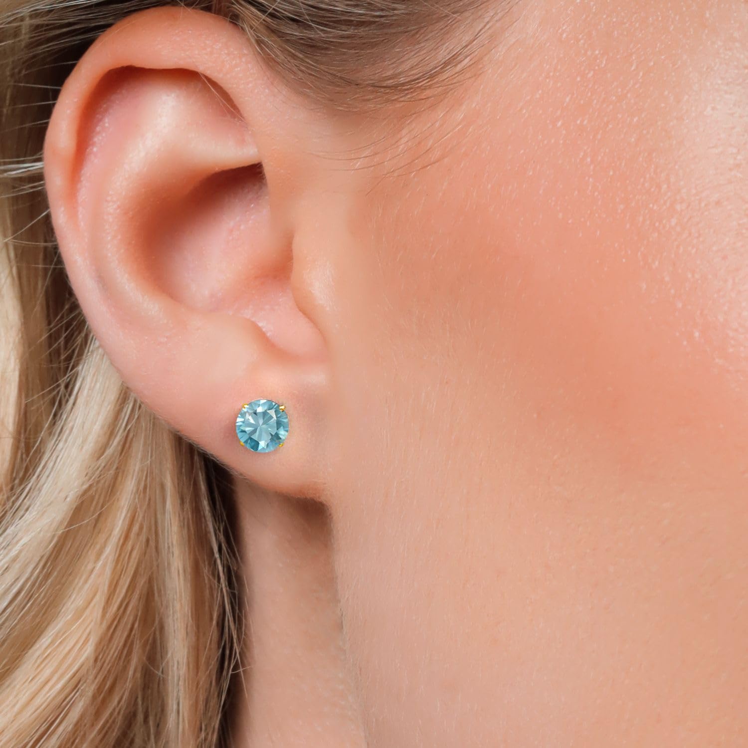 14K Yellow Gold Blue Zircon Stud Earrings for Women & Men - 2.40 Cttw, 6MM Round Cut - Perfect for Weddings, Anniversaries & Gift Giving