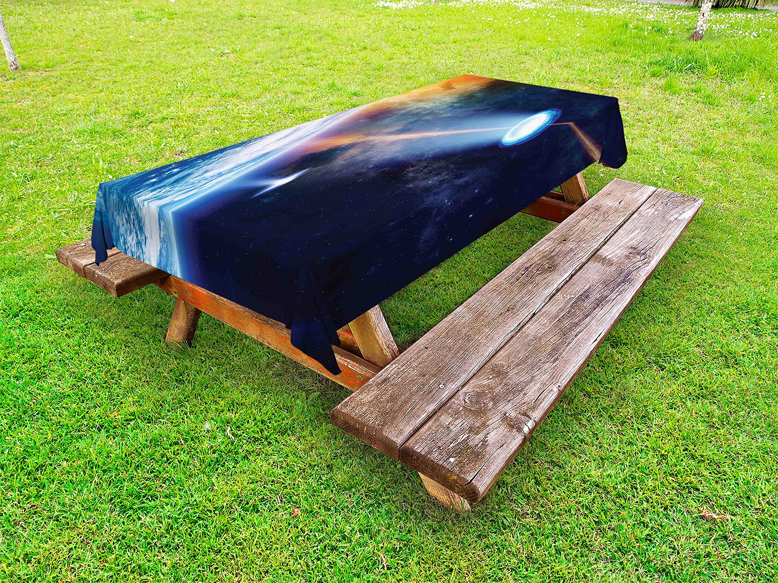 Ambesonne Outer Space UFO Tablecloth - Vibrant Sci-Fi Design, Washable & Durable Picnic Table Cover (58x120 Inches) - Perfect for Outdoor Dining, BBQs, and Themed Parties - Blue & Orange