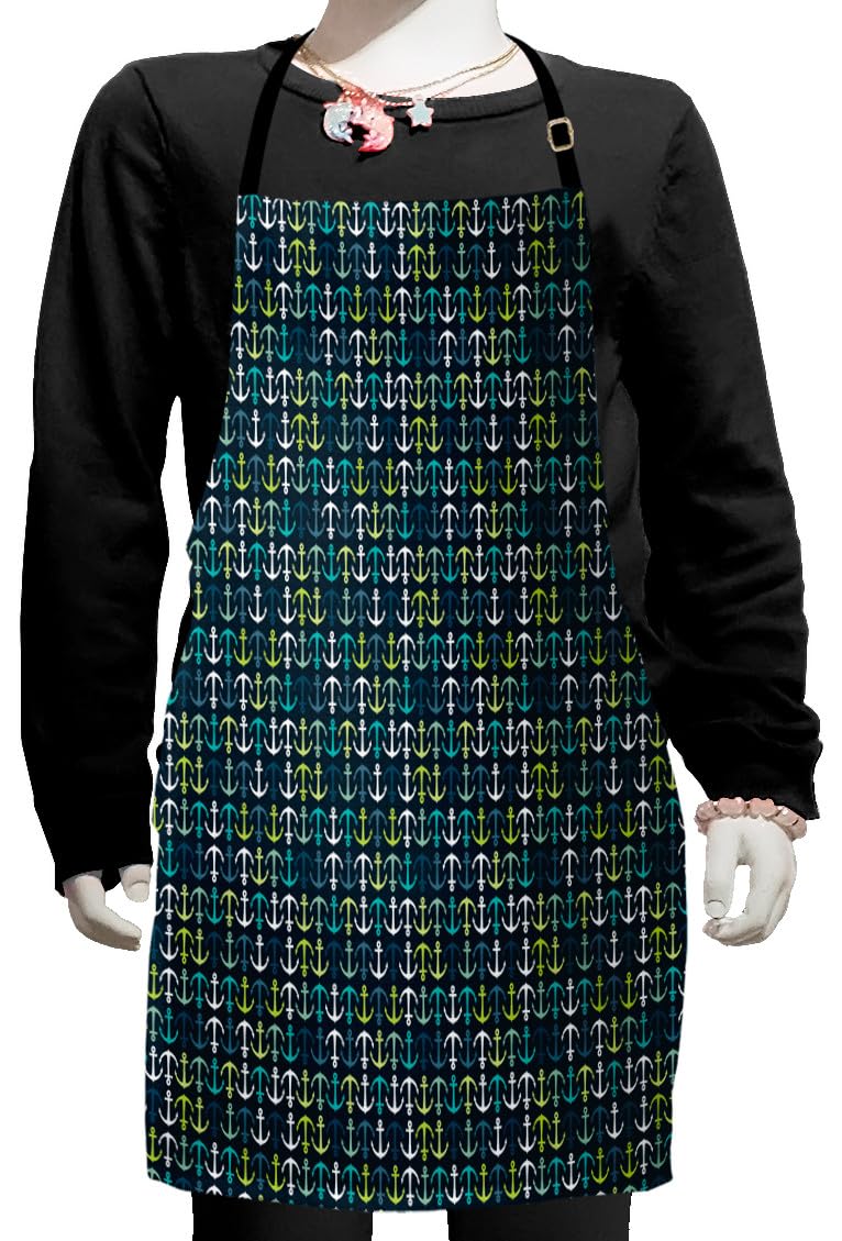 Ambesonne Adjustable Anchor Apron - Nautical Maritime Design with Up & Down Anchors for Sailing, Travel & Vacation - Small Bib Apron with Ties for Baking, Painting & Cooking - Dark Blue Green White - Perfect for Home Chefs, Artists & Boat Enthusiasts