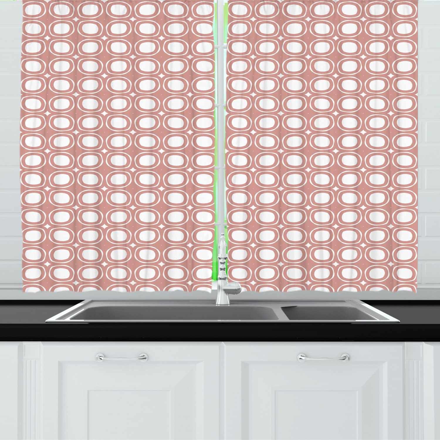 Ambesonne Abstract Long Kitchen Curtains - Modern Geometric Design with Asymmetrical Circles & Stars, Monochrome Blush White Window Drapes, 55