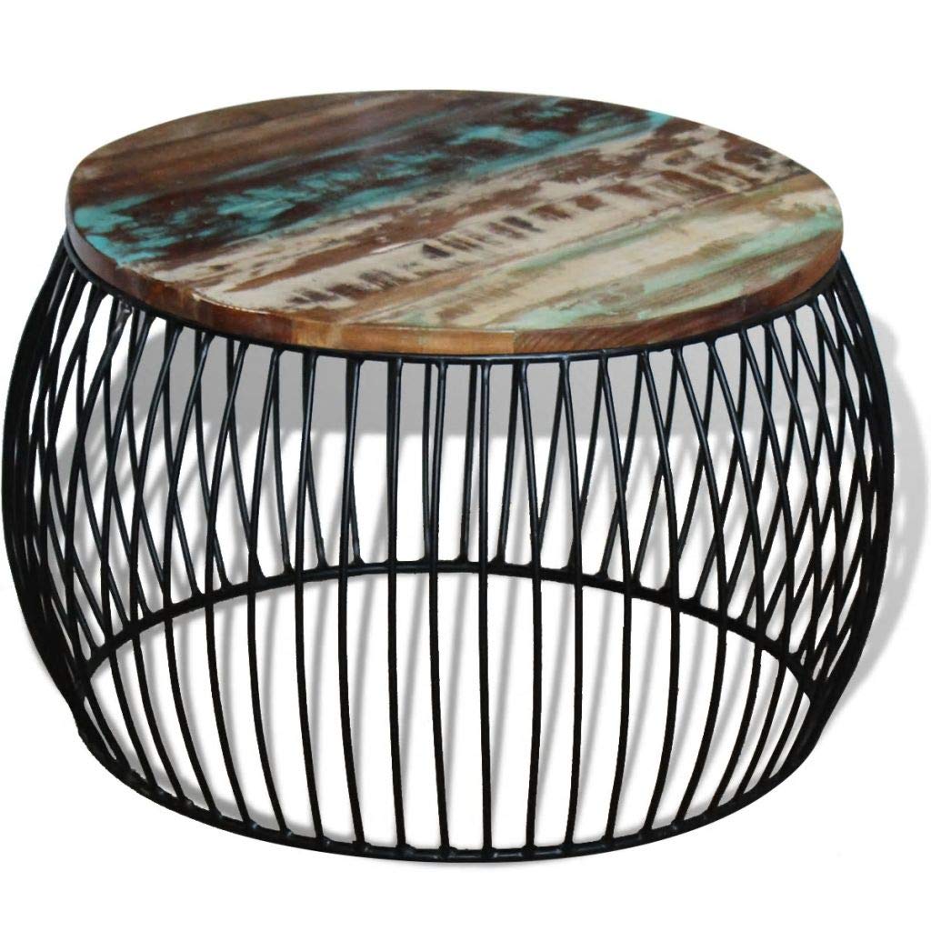 Handmade Reclaimed Wood Round Coffee Table with Iron Frame - Rustic Side Table for Sofa & Couch - Perfect for Living Room, Lounge & Home Decor - Durable Farmhouse Furniture for Modern & Vintage Interiors