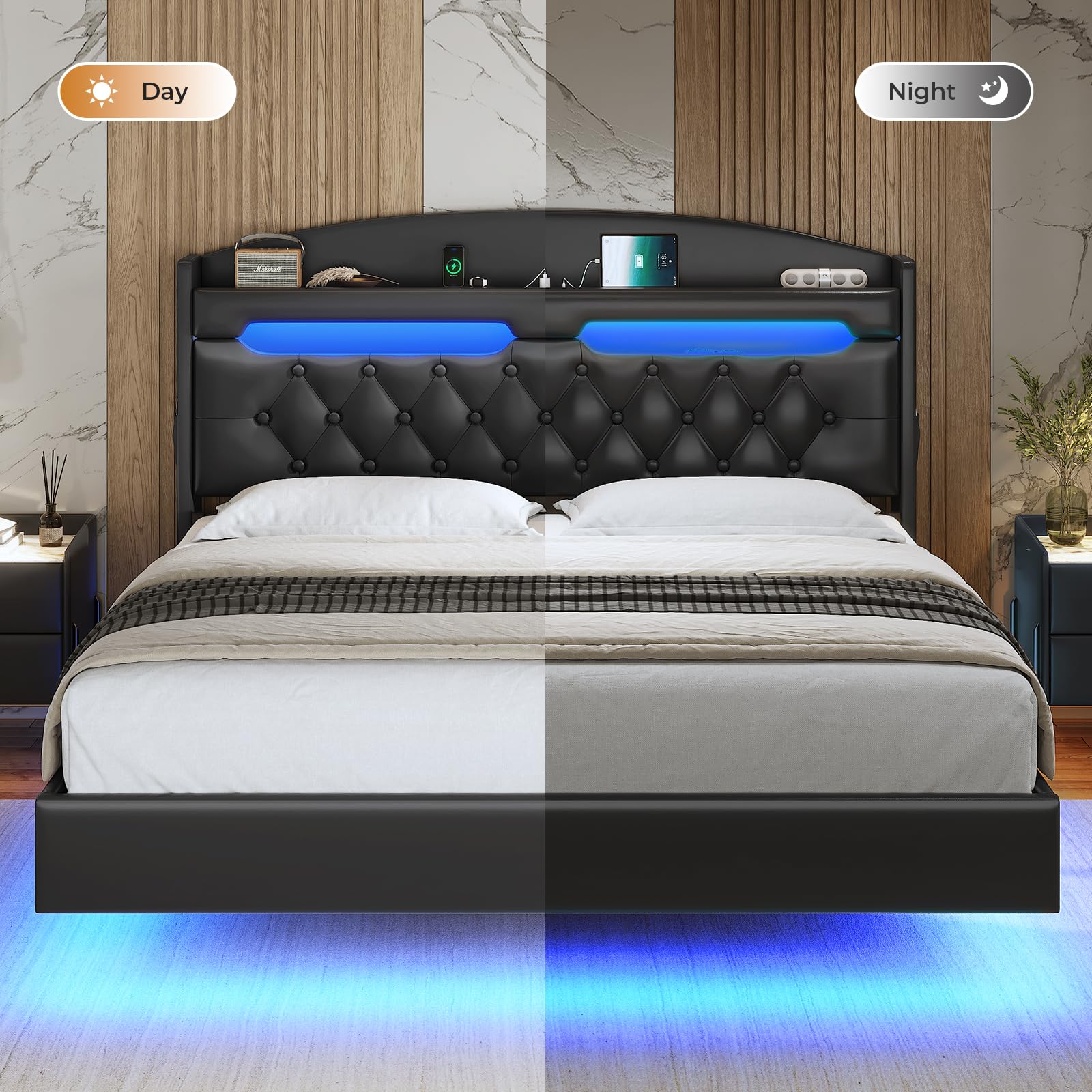 ADORNEVE Full Size Floating Bed Frame with Hidden Storage Headboard & LED Lights - Upholstered Leather Platform Bed with USB Charging Station, No Box Spring Needed (Black) - Perfect for Modern Bedrooms, Small Spaces & Luxury Home Decor