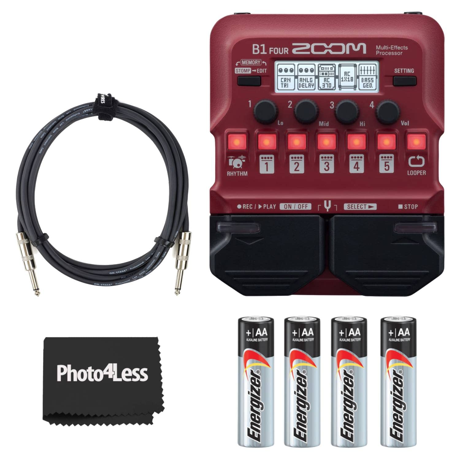 Zoom B1 FOUR Guitar Multi-Effects Processor with 4 Premium Max AA Batteries & 10ft Instrument Cable - Perfect for Live Performances, Studio Recording & Practice Sessions