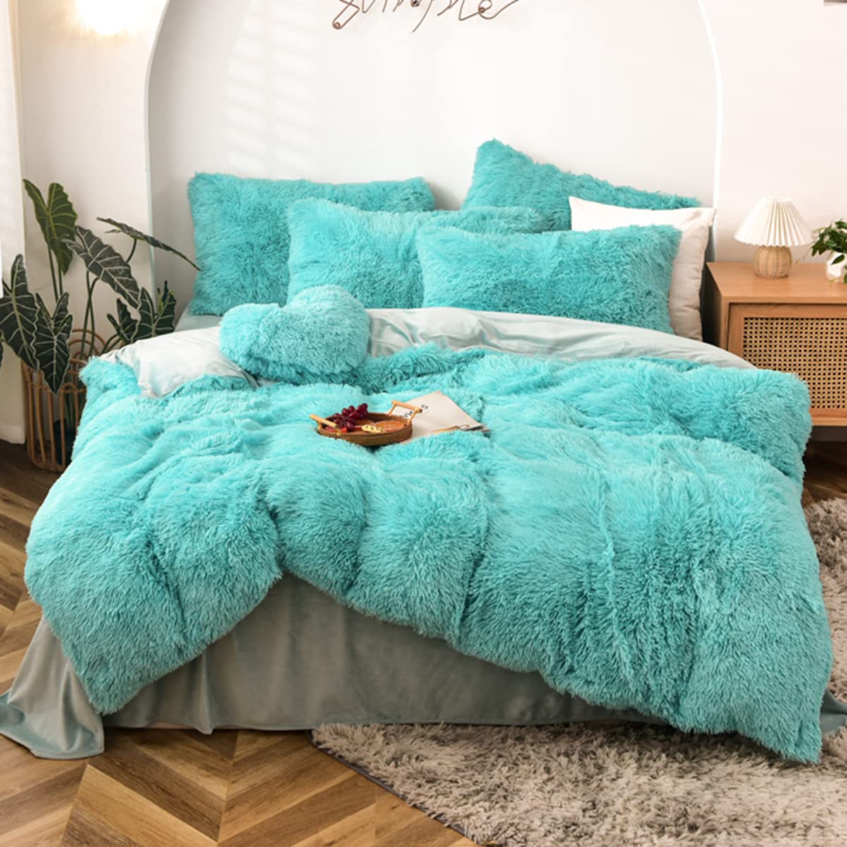 MorroMorn 5-Piece Shaggy Duvet Cover Set - Long Faux Fur Luxury Ultra Soft Bedding (Aqua, Full/Queen Size) for Cozy Winter Nights & Luxurious Bedroom Decor