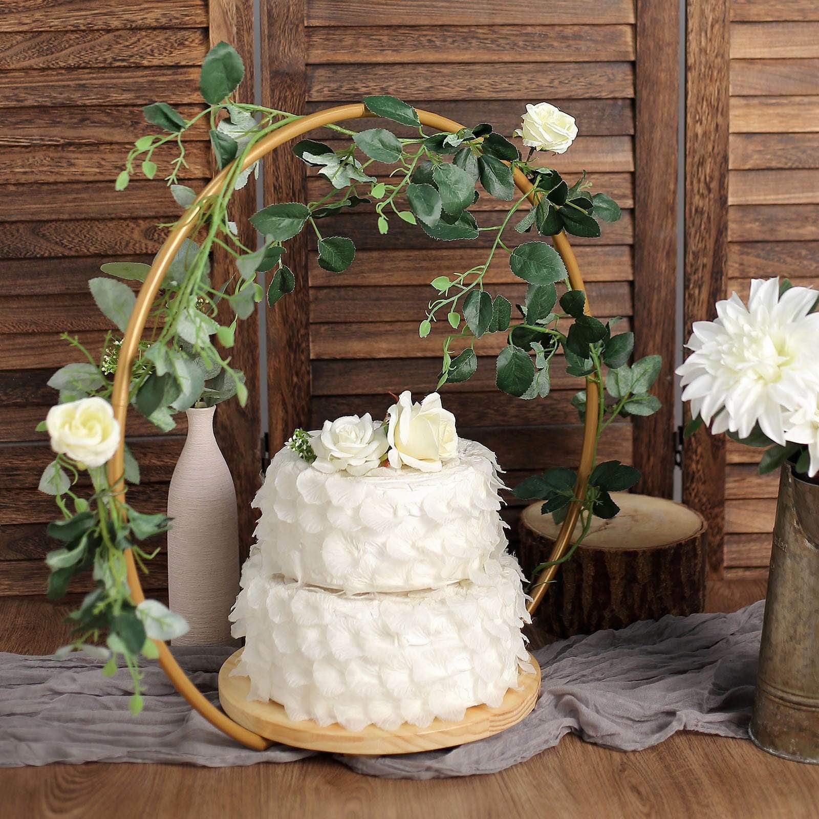 Round Geometric Metal Arch Cake Display Stand - Gold Wooden Dessert Stand for Wedding, Birthday, and Party Decorations