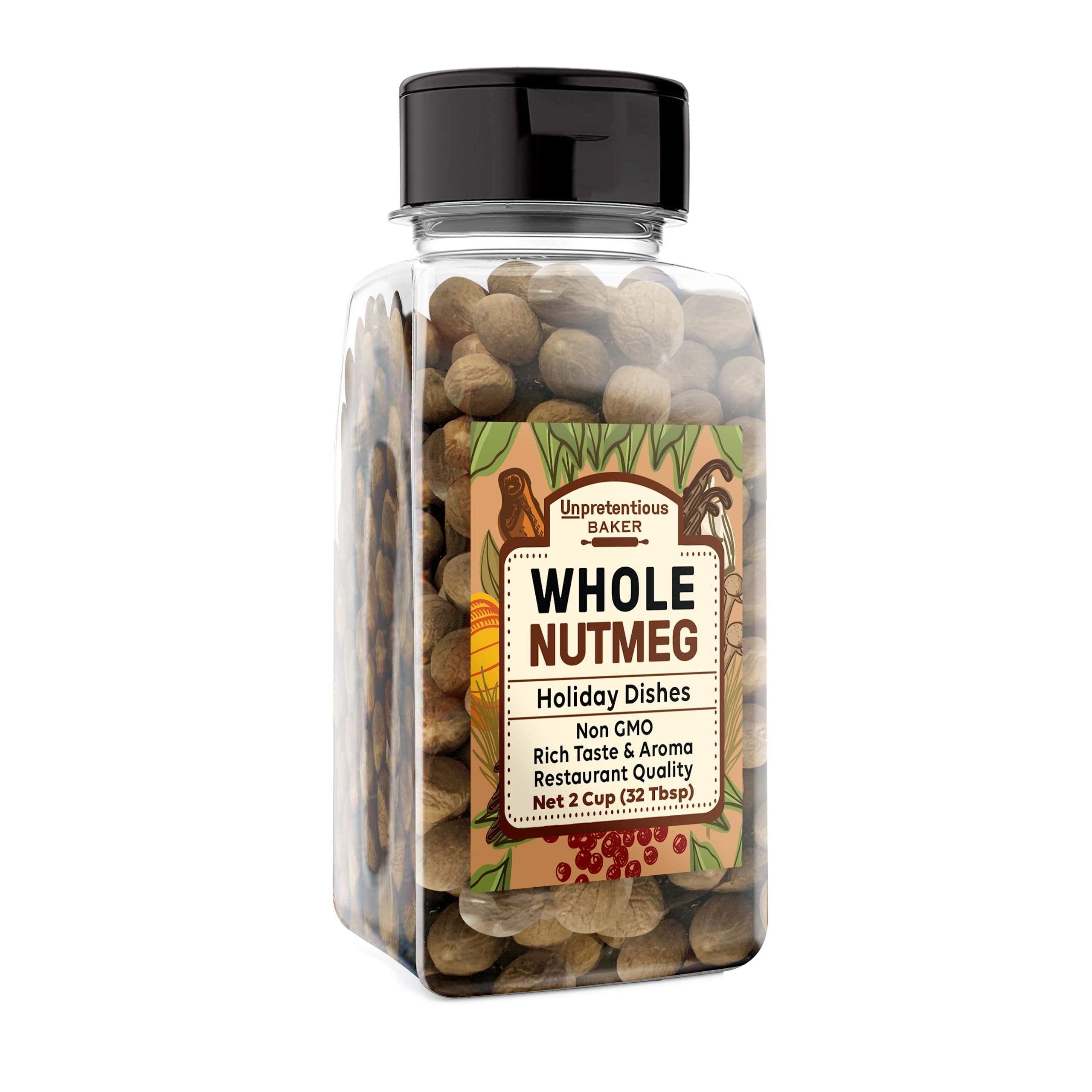 Premium Whole Nutmeg Spices (2 Cup) - Reusable Airtight Plastic Spice Jar for Baking, Cooking & Seasoning | Perfect for Eggnog, Holiday Recipes, Desserts, Meat Rubs & More | Kitchen & Pantry Essential