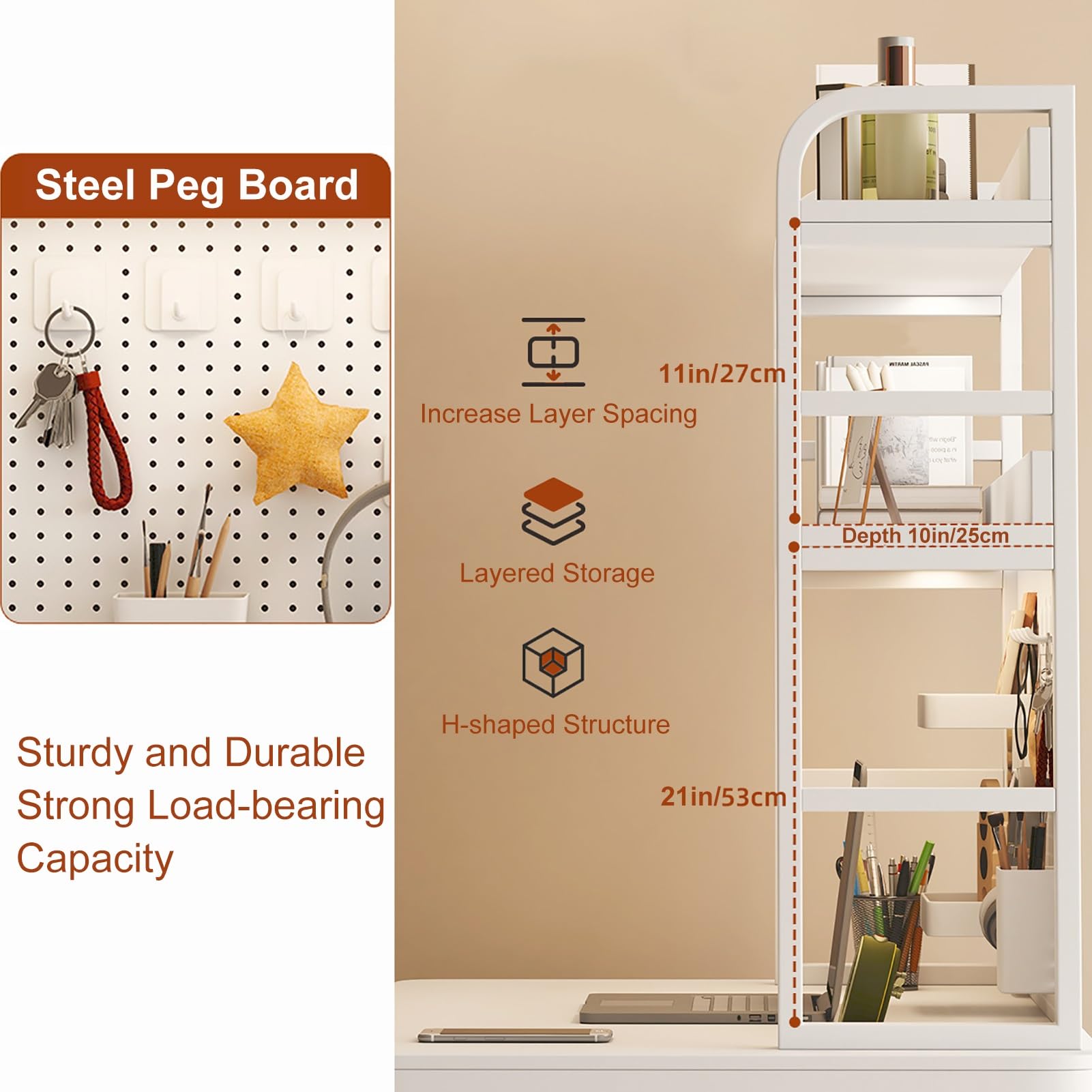White Metal Peg Board with Hooks - 2 Layer 29 Inch Wall Mount Organizer for Desk, Office, Kitchen & Bedroom Storage | Perfect for Tools, Utensils & Office Supplies Organization
