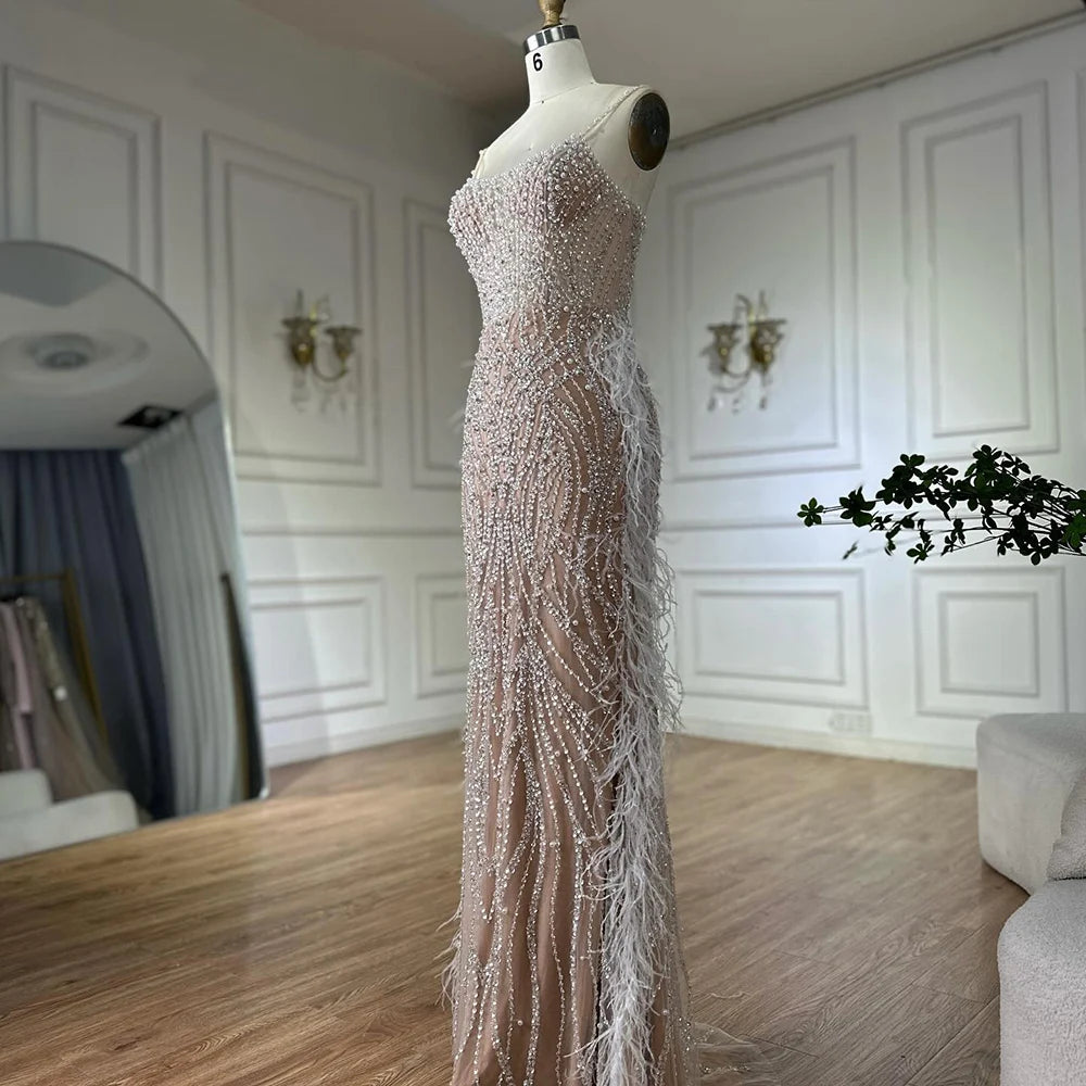 Elegant Dubai Arabic White Nude Spaghetti Strap Feather Beaded Mermaid Evening Gown - Formal Party Dress for Weddings, Galas & Red Carpet Events LA72823