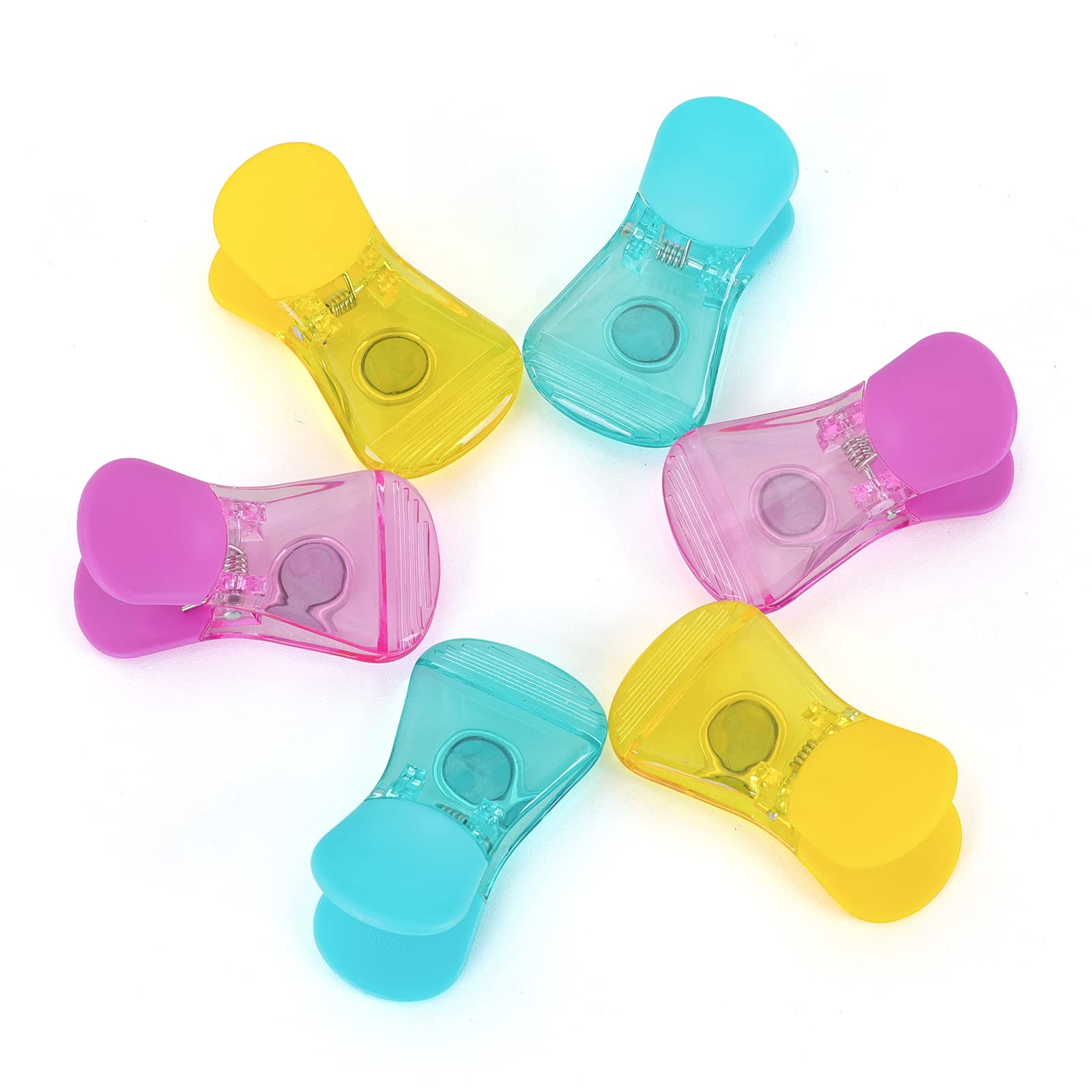 Multipurpose Plastic Refrigerator Magnet Clips Set - 6 Pack Neon Color Magnetic Paper Clips & Snack Bag Clips for Kitchen, Office & School Organization
