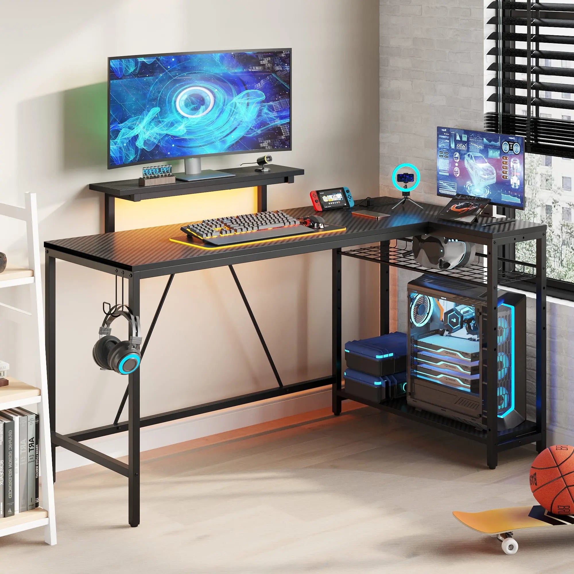 Bestier 58 Inch LED L-Shaped Gaming Desk with Shelves - Ergonomic Computer Desk for Home Office & Gaming Setup - Perfect for PC Gamers, Streamers & Remote Workers