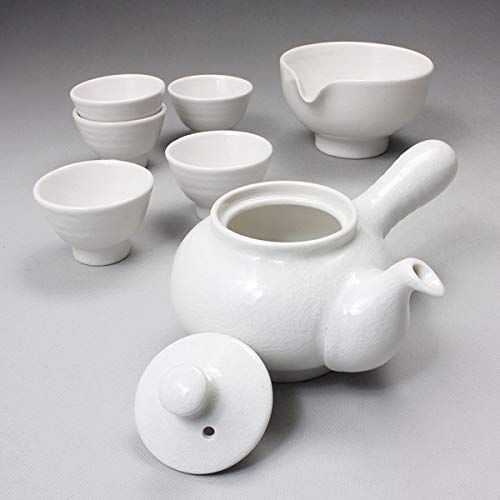 Korean Style Pure White Porcelain Tea Ceremony Set - 11.8oz (350ml) Side Handle Teapot with 5 Cups & Cooling Pitcher - Traditional Ceramic Tea Gift Set for Home, Office & Zen Meditation