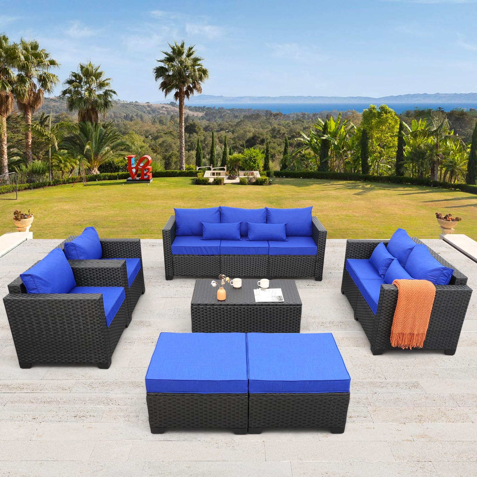 7-Piece Black Wicker Patio Furniture Set - Outdoor Rattan Conversation Sofa with Royal Blue Cushions & Covers - Perfect for Garden, Poolside & Backyard Relaxation