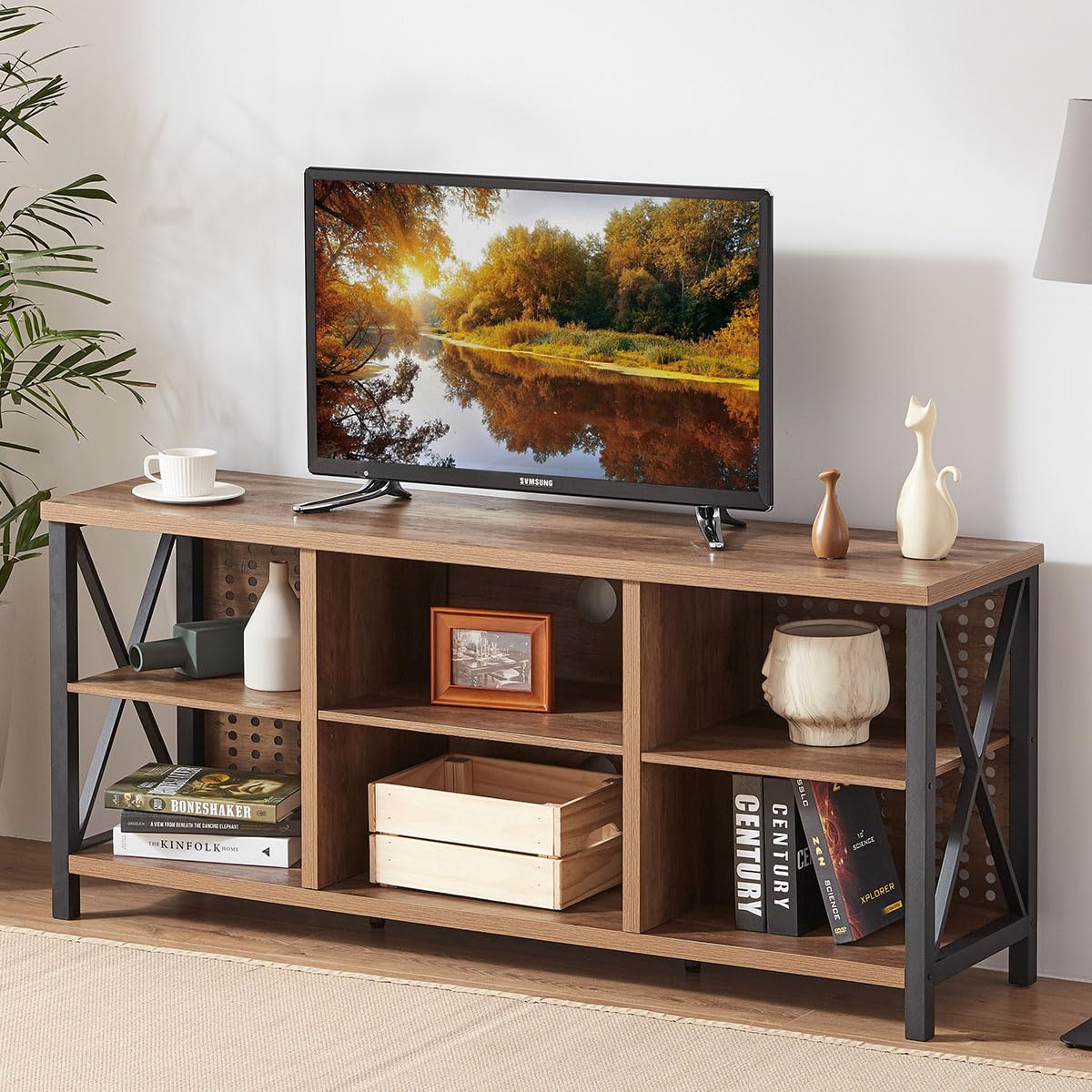 LVB 75 Inch TV Stand - Industrial Rustic Entertainment Center with Storage Shelves, Modern Wood & Metal TV Cabinet for Living Room & Bedroom (Rustic Oak, 63 Inch) - Perfect for Home Theater Setup & Media Organization