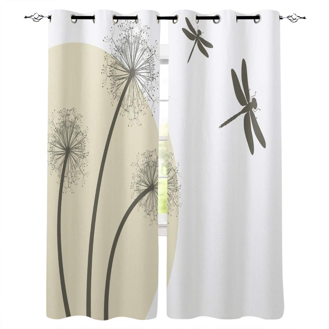 Grommet Window Curtains with Dragonfly & Dandelion Pattern - Set of 2 Panels (52x96 Inch) for Bedroom & Living Room - Light Filtering & Blackout Curtains for Home Decor | Perfect for Nursery, Dorm, or Office Windows