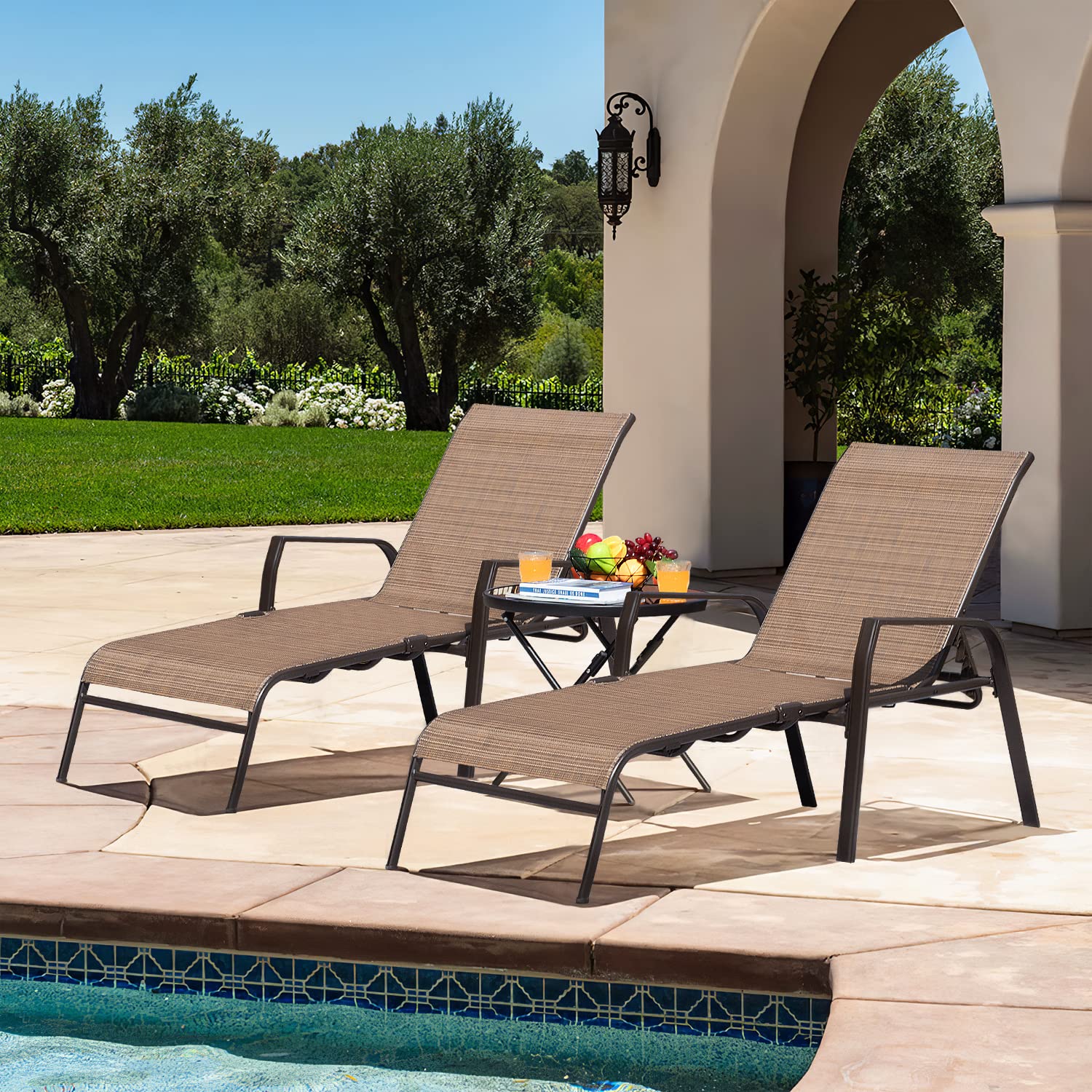 GUNJI 3-Piece Outdoor Patio Chaise Lounge Set - Adjustable Textilene Folding Pool Chairs with Tempered Glass Table (Brown) | Perfect for Backyard, Poolside, and Garden Relaxation