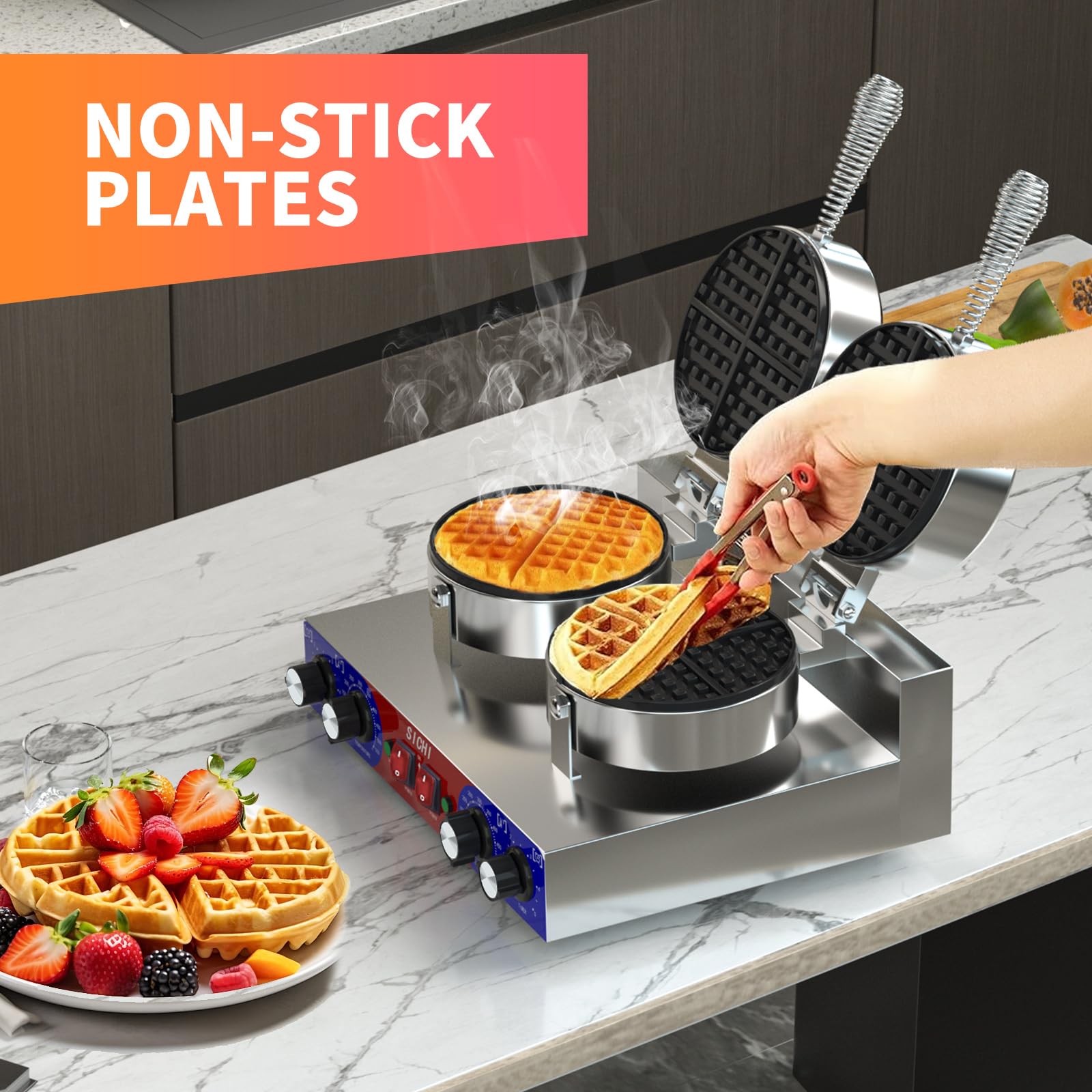 Commercial Waffle Maker 2400W - Dual Non-Stick Baking Plates, 550°F Temperature Control & Timer - Stainless Steel Waffle Iron for Restaurants, Hotels, Cafes - Perfect for Breakfast Service, Buffets, and Catering Events