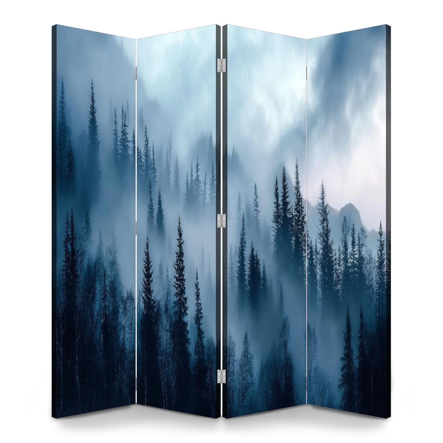 Wooden Room Divider - 4-Panel Folding Privacy Screen with Foggy Forest Print | Dual-Sided Canvas Partition for Home & Office | Indoor Decorative Wall Divider & Display Shelf (Northern Canada Inspired Design)
