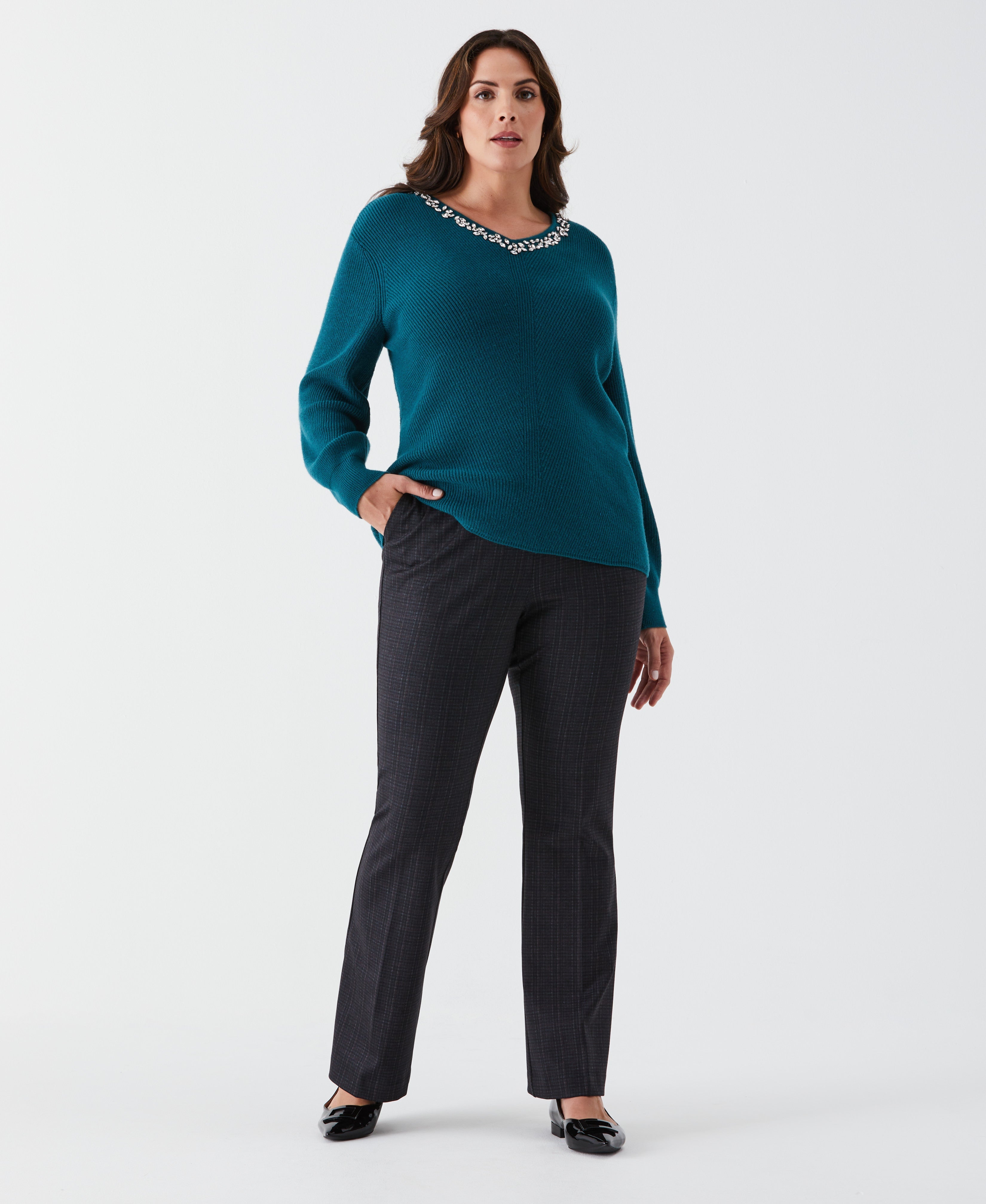 Plus Size Embellished V-Neck Sweater for Women - Elegant Knit Pullover with Beaded Details - Perfect for Office Wear, Date Nights & Holiday Parties