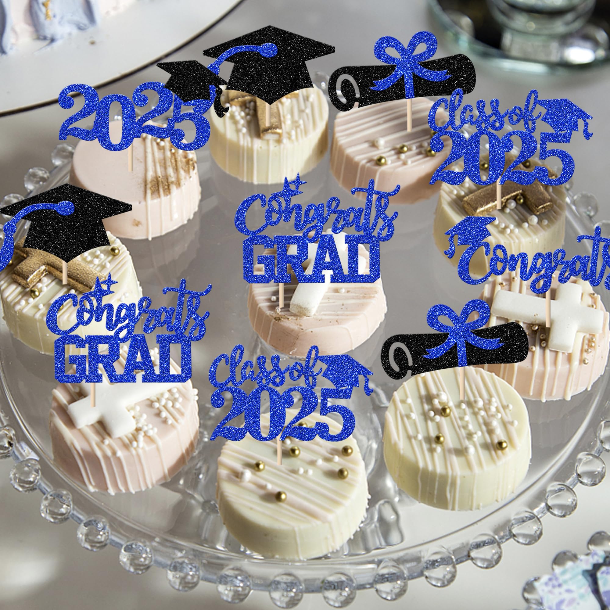 Rsstarxi 24 Pack Class of 2025 Graduation Cupcake Toppers - Glitter 2025 Grad Diploma Cap Cake Decorations for Graduation Party Supplies (Blue & Black) - Perfect for High School, College Graduation Celebrations & Cake Decorating