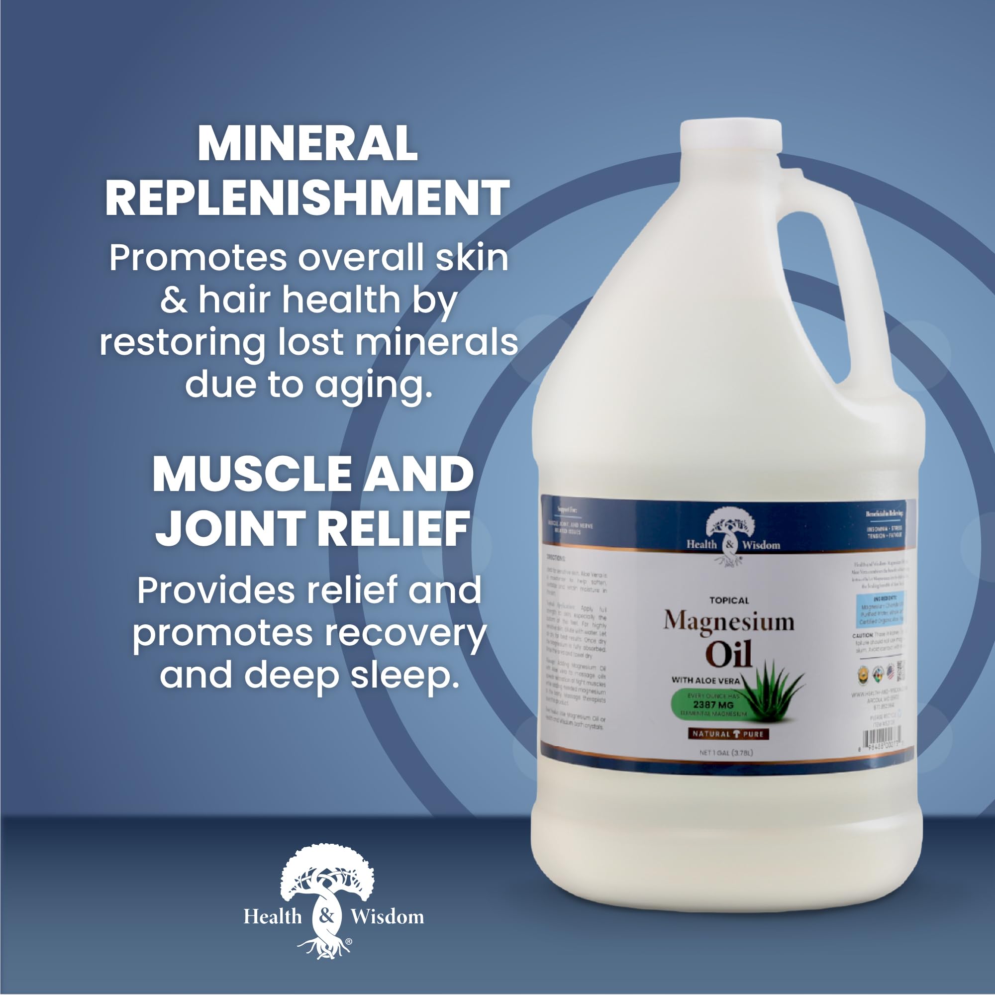 Health and Wisdom Pure Magnesium Oil with Aloe Vera - 128 Fl Oz Transdermal Magnesium Chloride Oil for Foot Care, Bath & Massage | Relieves Muscle Pain, Promotes Relaxation & Better Sleep