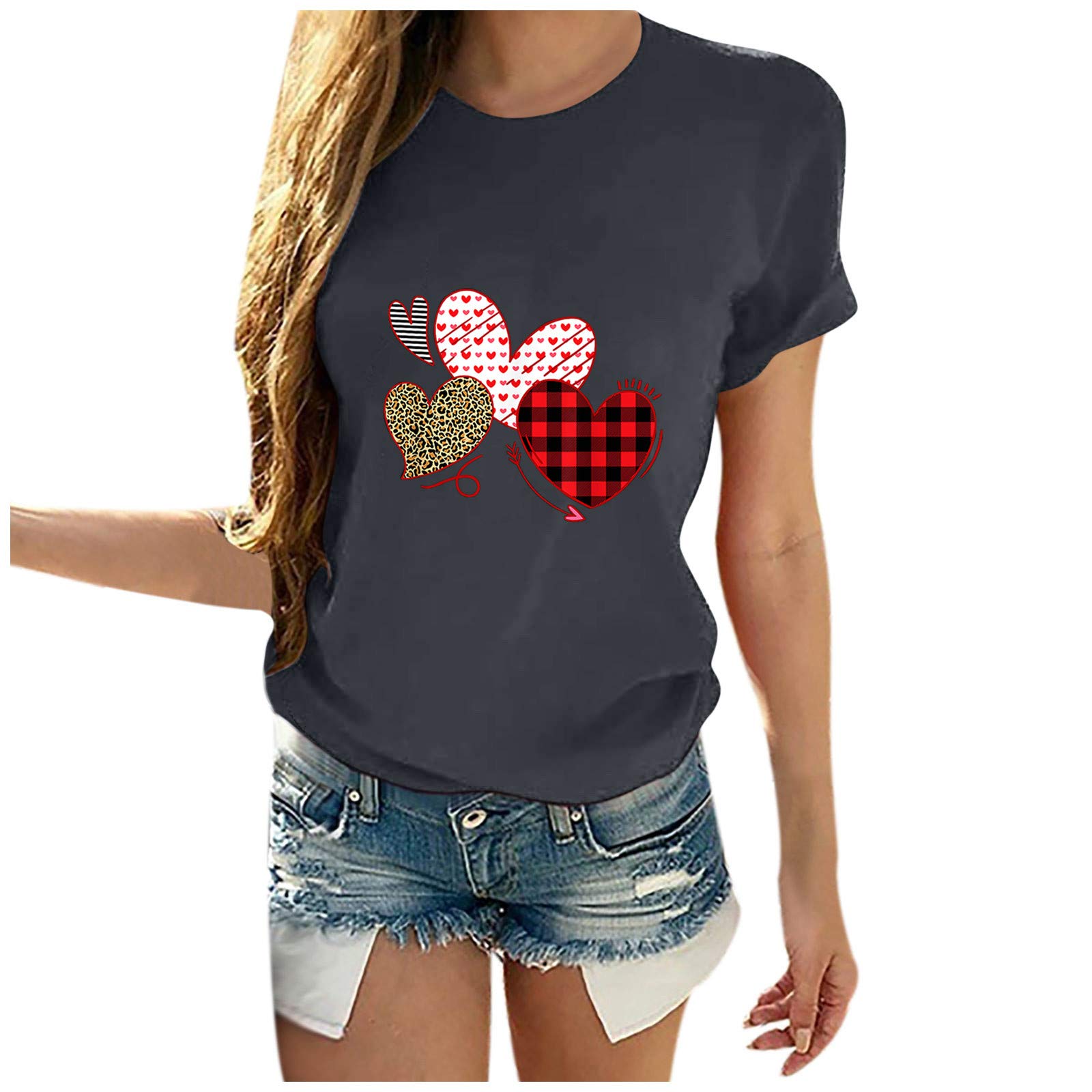 Valentine's Day Heart Print Women's Short Sleeve T-Shirt - Romantic Casual Blouse for Date Night & Gift (Grey, XXXL) - Perfect for Valentine's Gifts, Anniversary Celebrations and Romantic Outfits