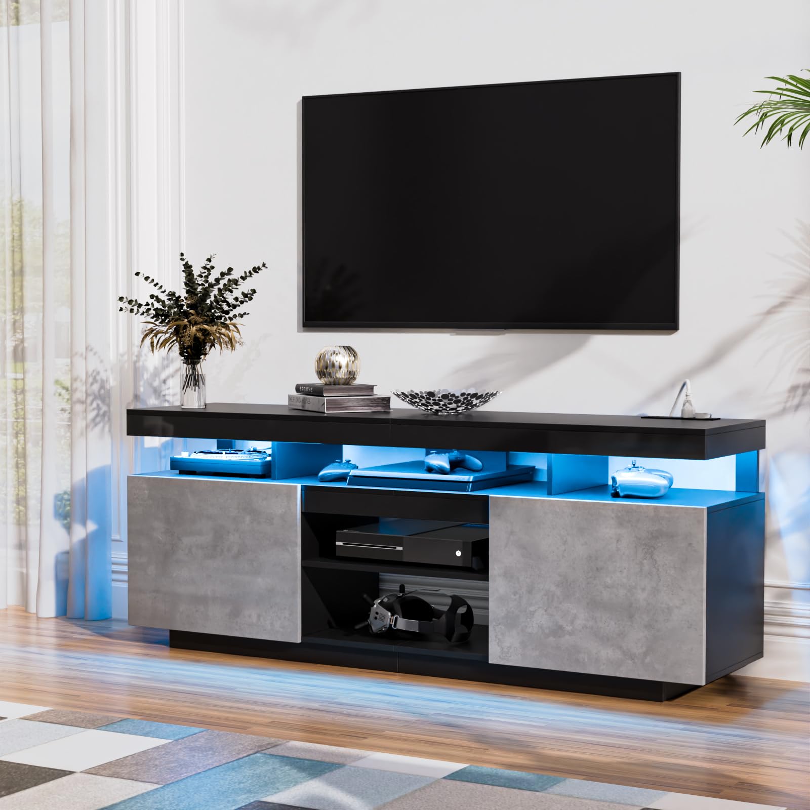 HOMMPA 2-Piece LED Lift Top Coffee Table and TV Stand Set - Modern LED Entertainment Center with Power Outlets for 70