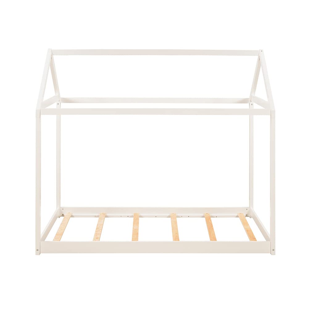 Wooden House Bed with Roof - Twin Size Kids Bed Frame, Platform Bed with Tent, Floor Sofa Bed & Mattress Foundation for Bedroom & Living Room - Perfect for Playrooms, Sleepovers & Cozy Reading Nooks (White)