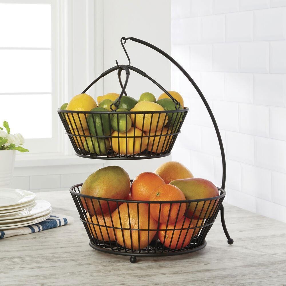 Tully 2-Tier Fruit Storage Basket with Banana Hook - Space Saving Kitchen Organizer for Countertop, Pantry & Dining Table Display