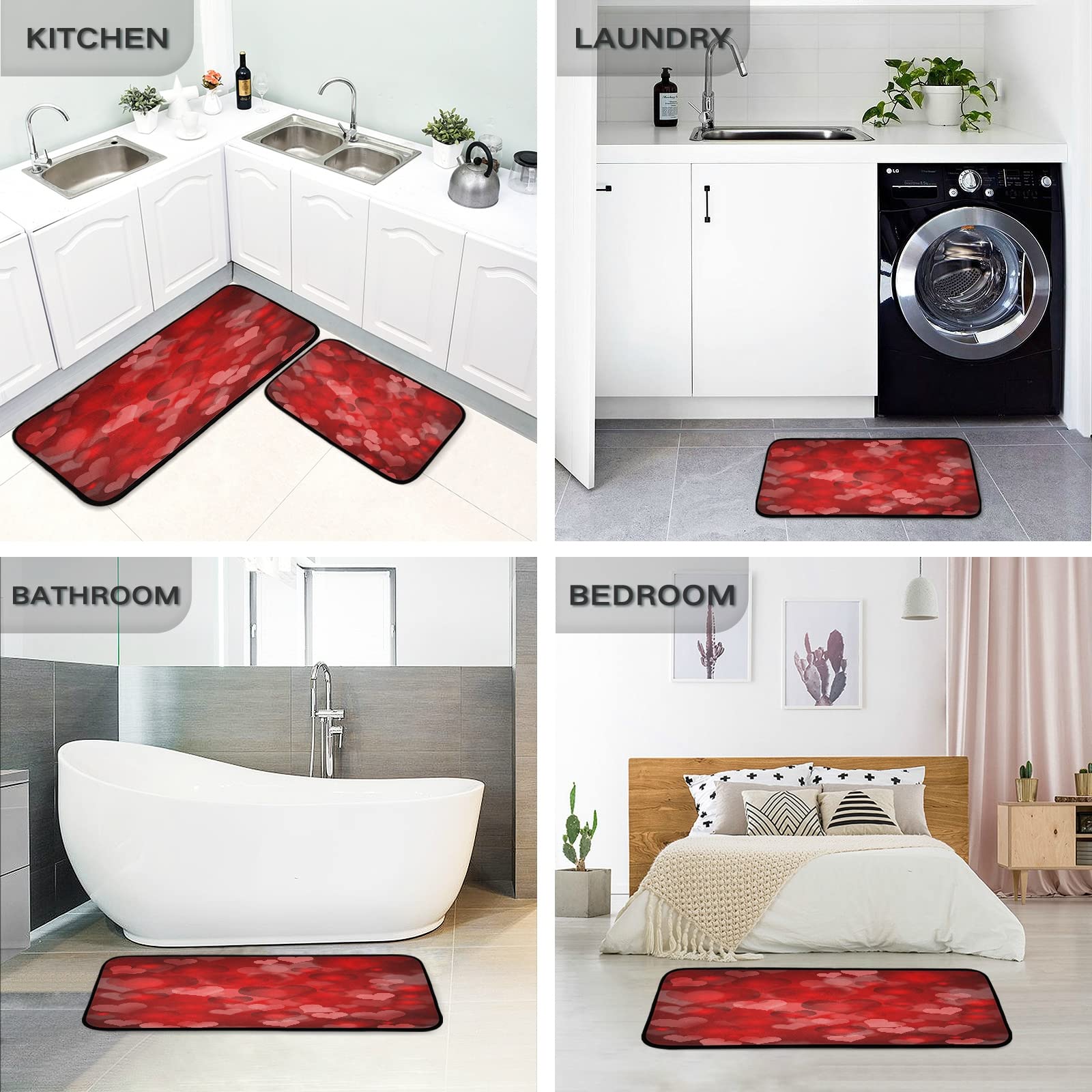 Valentine's Day Heart-Shaped Non-Slip Kitchen Rugs Set of 2 - Romantic Red Rose Flower Design Soft Floor Mats for Kitchen, Laundry, Entryway & Home Decor - Perfect Gift for Couples & Home Lovers