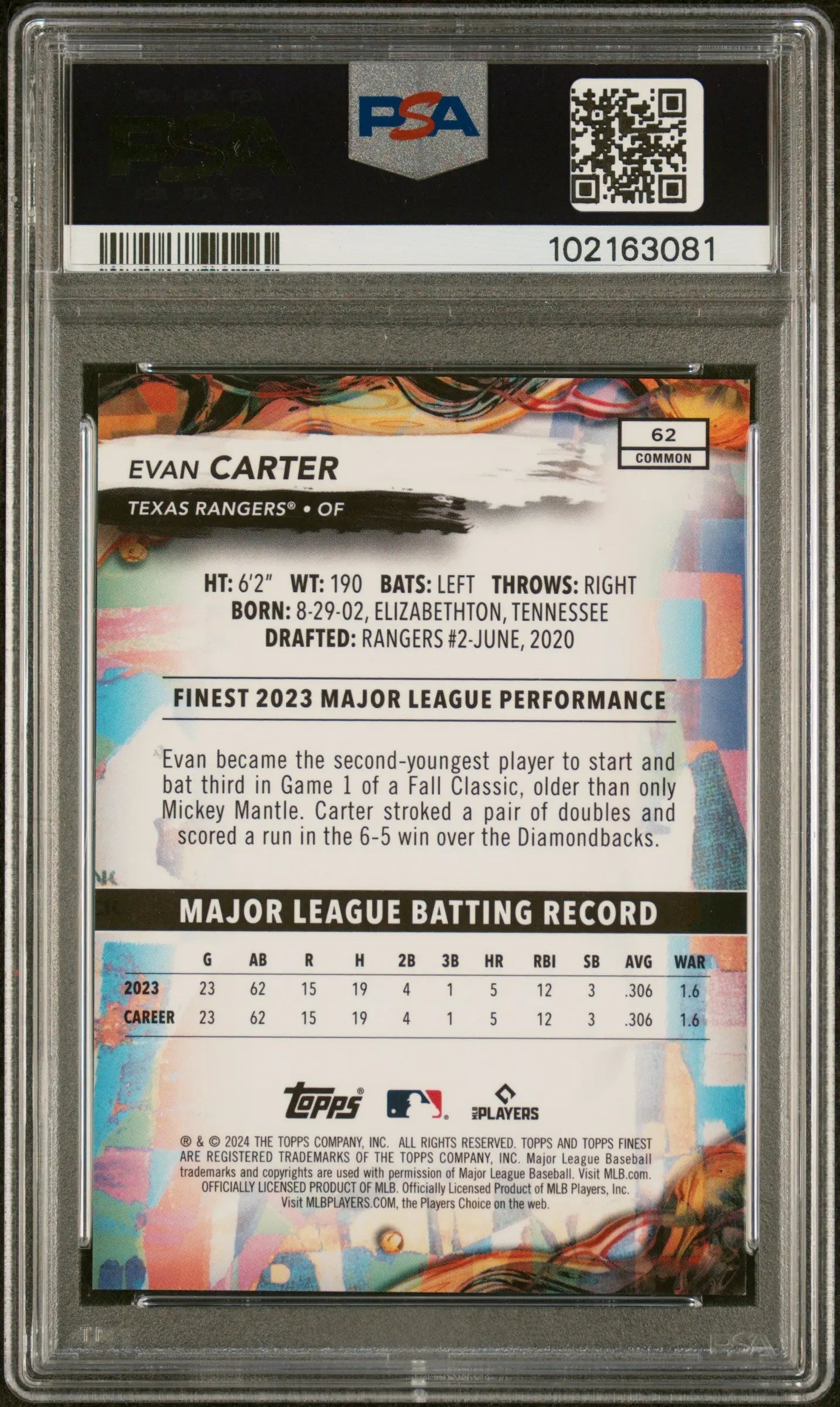 2024 Topps Finest Baseball Evan Carter Rookie Card Purple Refractor PSA 10 Gem Mint Limited Edition /250 - Perfect for Collectors, Investors & Baseball Fans Display