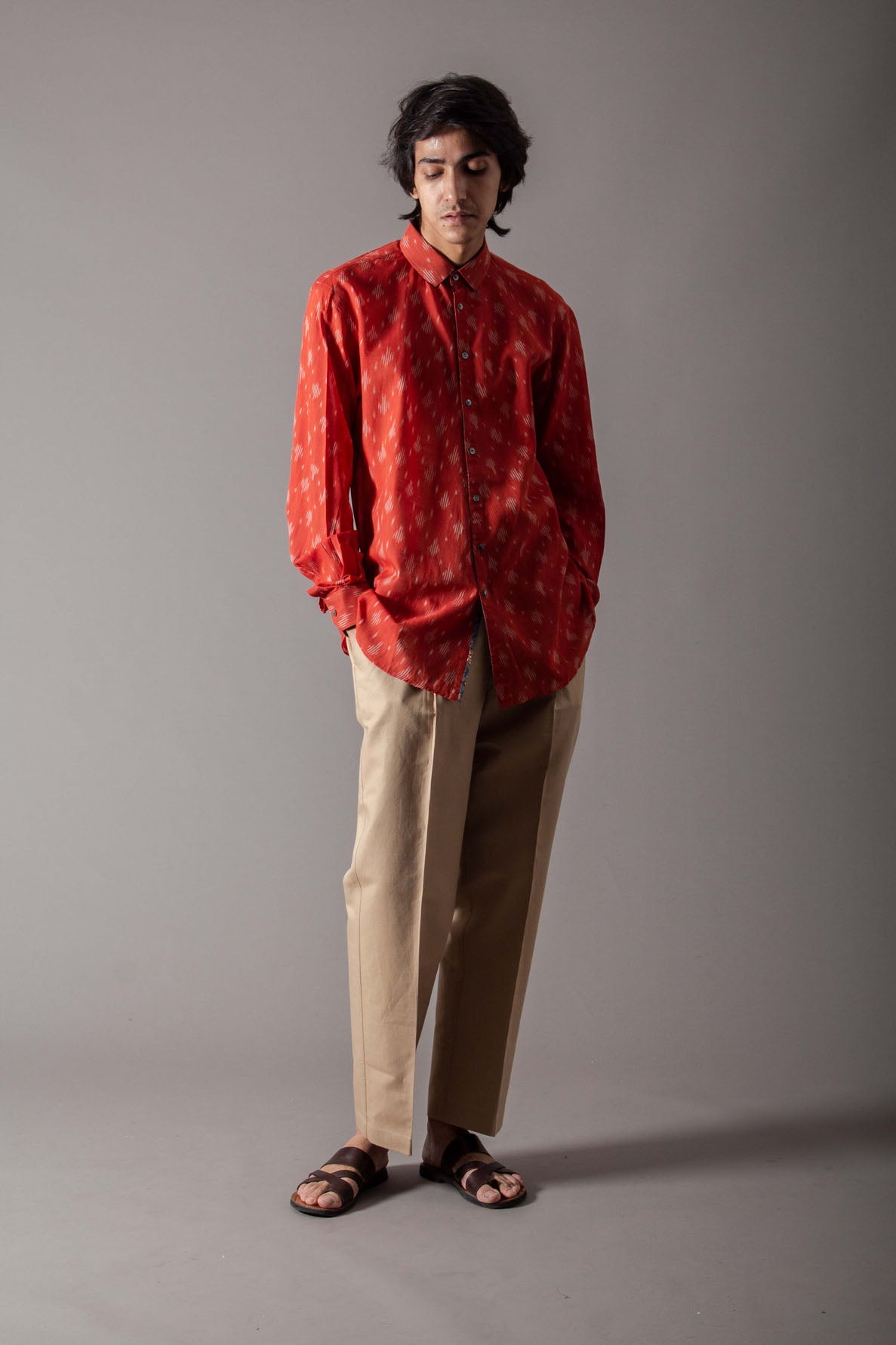 Ramleela Cotton Rust Ikat Shirt for Men - Comfortable & Stylish Casual Wear for Festivals, Parties, and Everyday Outfits