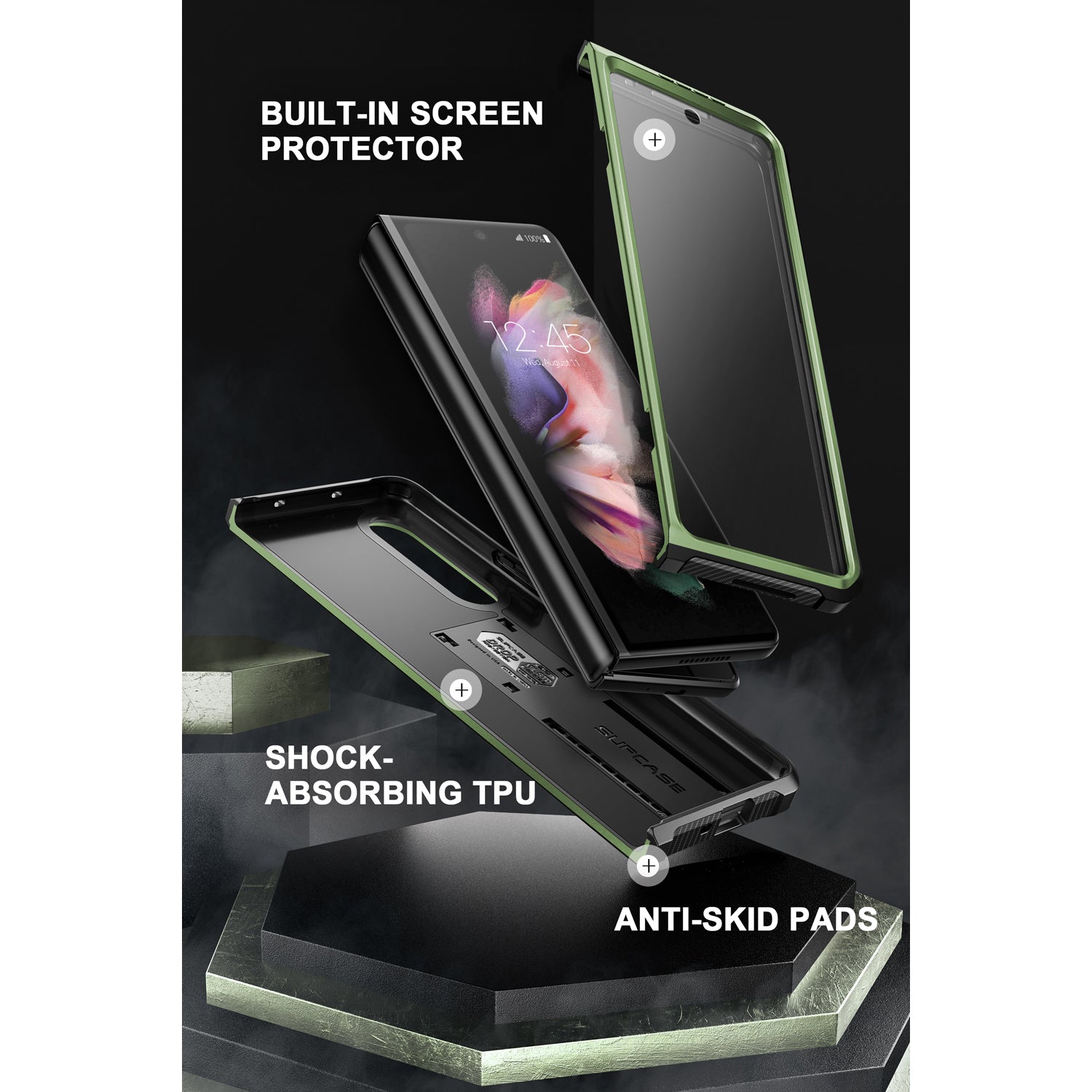Samsung Galaxy Z Fold 3 Case with Built-in Kickstand & Screen Protector | Dark Green Protective Cover for Work, Travel & Everyday Use