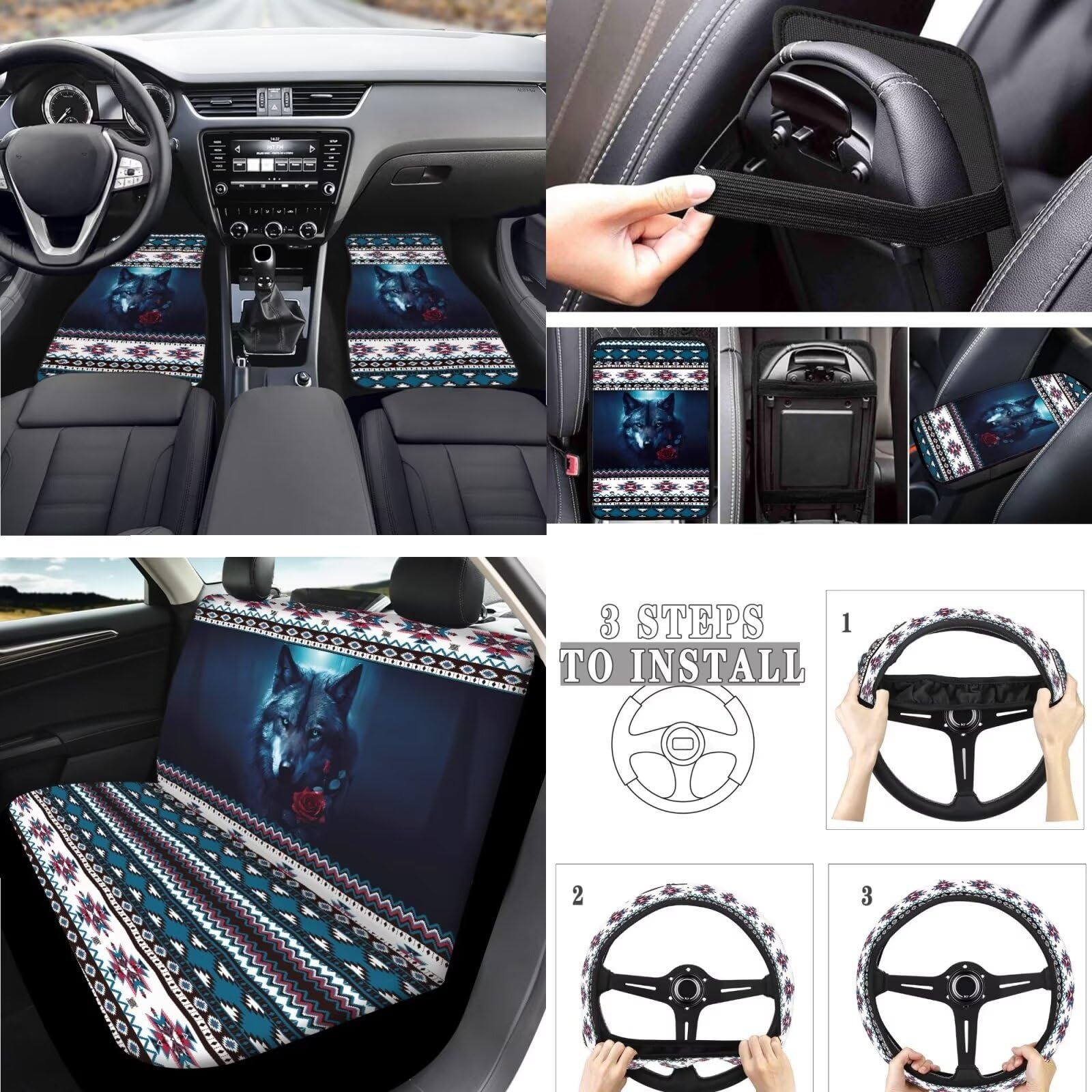 Aztec Wolf Printed Car Seat Cover Set - Easy Installation with Mats, Steering Wheel Cover, Armrest Cover & Seat Belt Covers for Adults - Includes Car Coaster & Key Chain for Lipstick - Perfect for Road Trips, Daily Commutes & Car Interior Protection