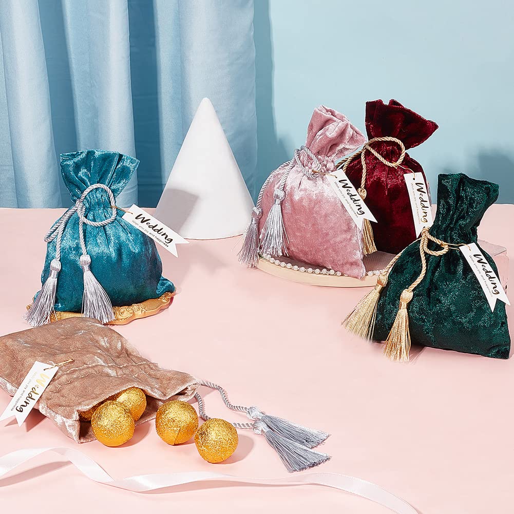 5-Pack Velvet Jewelry Bags with Tassel - 4x5.5 Inch Drawstring Gift Bags for Wedding Favors, Baby Shower, Christmas Advent Calendar | Elegant Storage Bags for Jewelry, Candy, Treats & Keepsakes | Perfect for Party Favors, Bridesmaid Gifts & Special Occasions