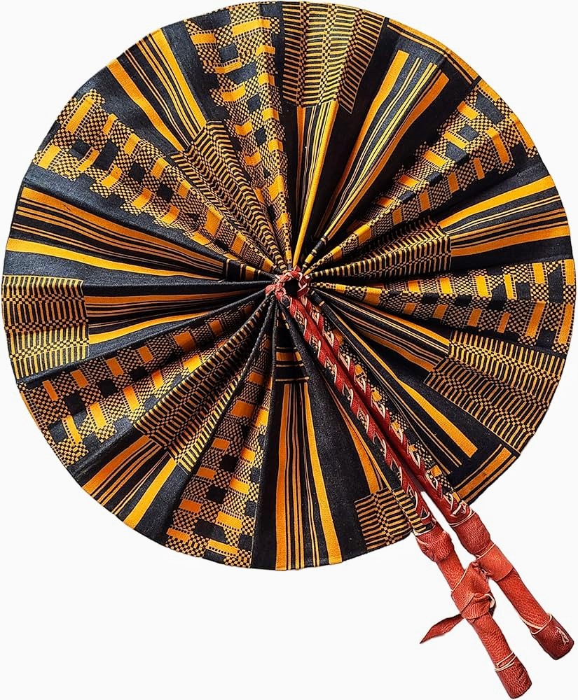 Foldable Black & Gold African Print Ankara Kente Fan with Leather Handle | Traditional Handheld Fan for Weddings, Parties & Cultural Events | DPPF4091