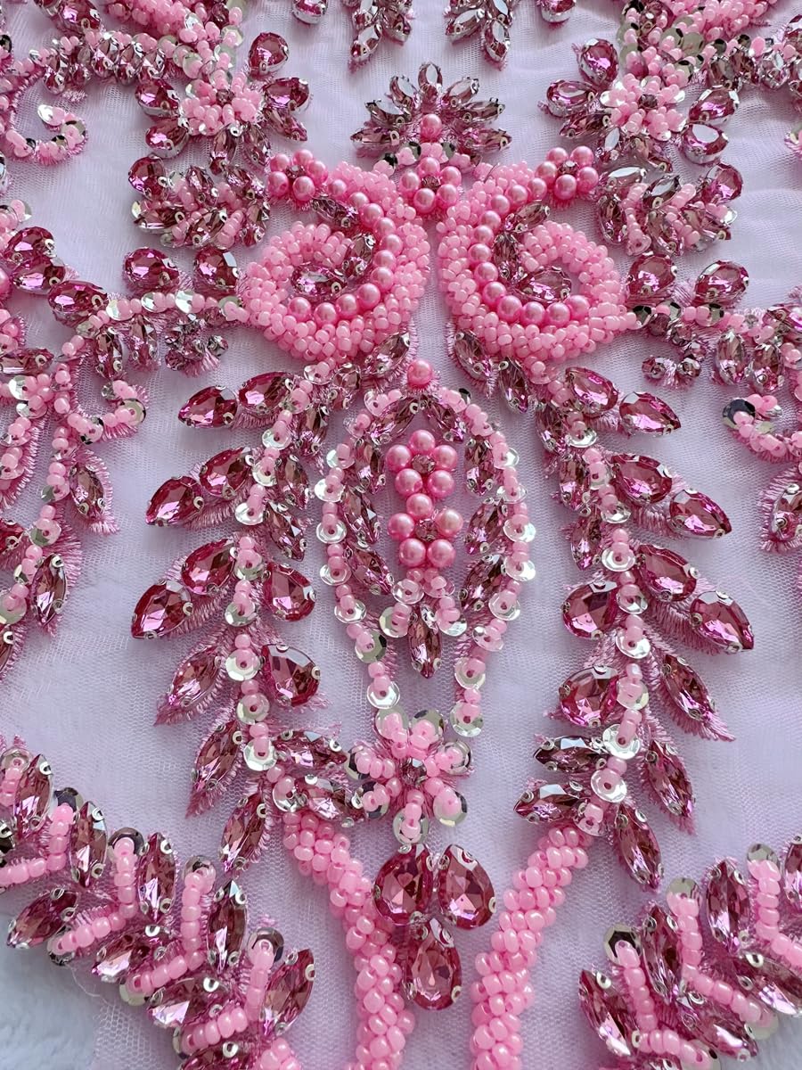 Handmade Shiny Rhinestone Applique Patches - Crystal Beaded Sequins Lace Trim for Prom Dresses, Clothing & DIY Decoration (Pink) | Perfect for Evening Gowns, Bridal Wear & Costume Design