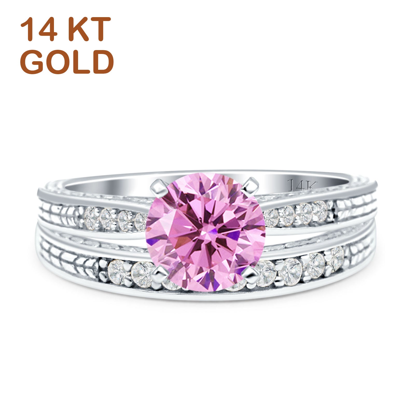 14K White Gold Round Two Piece Pink CZ Bridal Ring Set – Elegant Wedding Band & Engagement Ring for Women, Perfect for Proposals, Anniversaries & Special Occasions