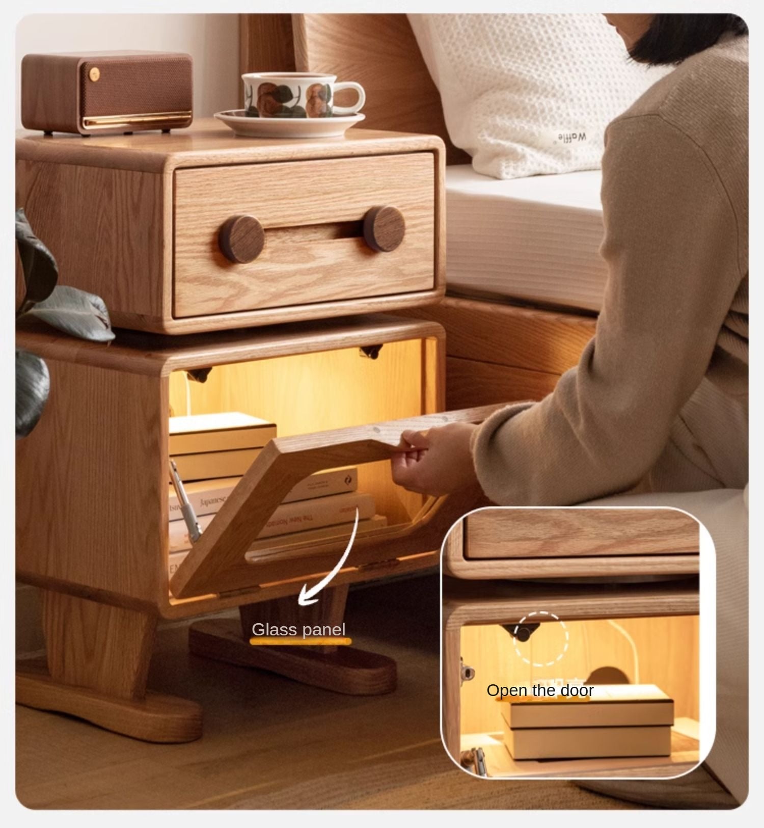 360° Rotating Oak Solid Wood Nightstand - Modern Bedside Table for Bedroom, Living Room & Office