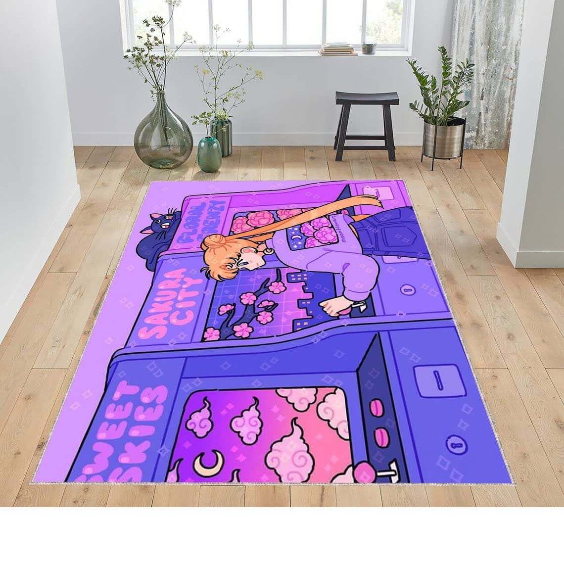 Anime Manga Sakura Moon Rug - 5.9x9.2 Feet (180x280cm) Soft Non-Slip Cartoon Carpet for Bedroom, Living Room, Game Room & Anime Fan Decor