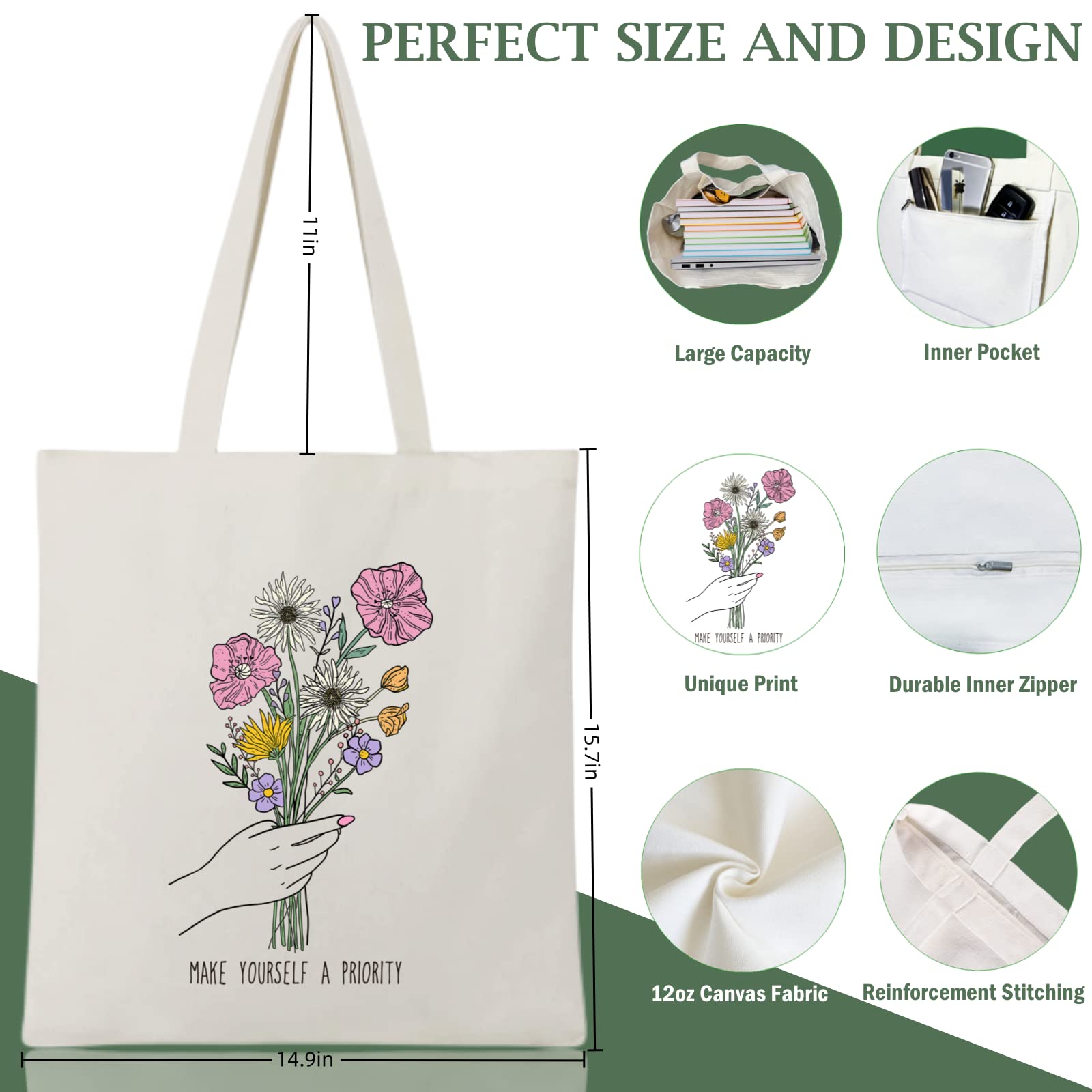 Andeiltech Reusable Canvas Tote Bag for Women - Cute Cat Print Shopping Grocery Bag with Inner Zipper Pocket | Eco-Friendly Gift for Women | Perfect for Shopping, Beach, Work & Daily Use