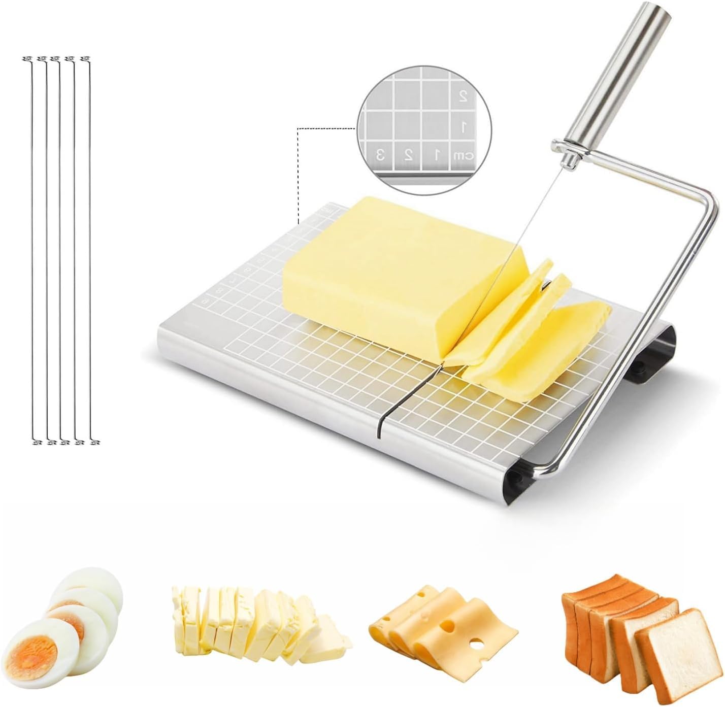 Premium Stainless Steel Cheese Slicer with 5 Wires - Heavy Duty Cheese Cutter Set Includes Metal Slicer & Cutting Board - Perfect for Hard Cheeses Like Cheddar, Gouda - Ideal for Home Kitchens, Restaurants, and Cheese Platter Preparation