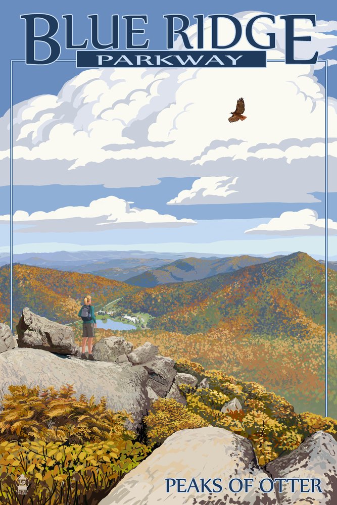Blue Ridge Parkway Peaks of Otter Autumn Landscape - 24x36 Signed Art Print Poster, Wall Decor for Living Room & Office - Fall Foliage Nature Photography
