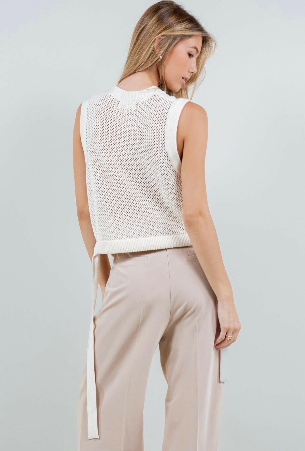 Elegant Ivory Knit Vest with Tie Detail - Perfect for Layering in Fall & Winter | Women's Fashion