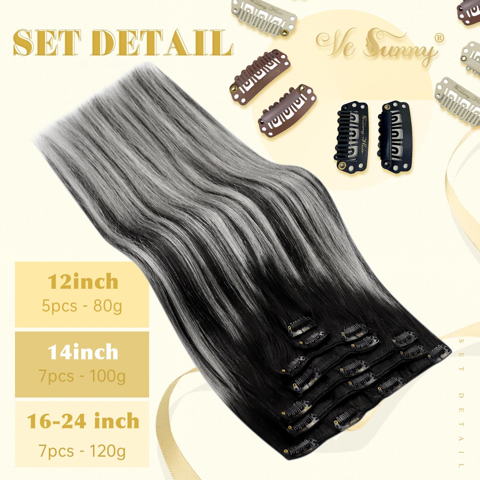 Ve Sunny 7pcs 120g 22inch Clip-in Human Hair Extensions - Natural Black Ombre Silver Blonde Remy Real Hair - Perfect for Daily Styling, Parties & Special Occasions